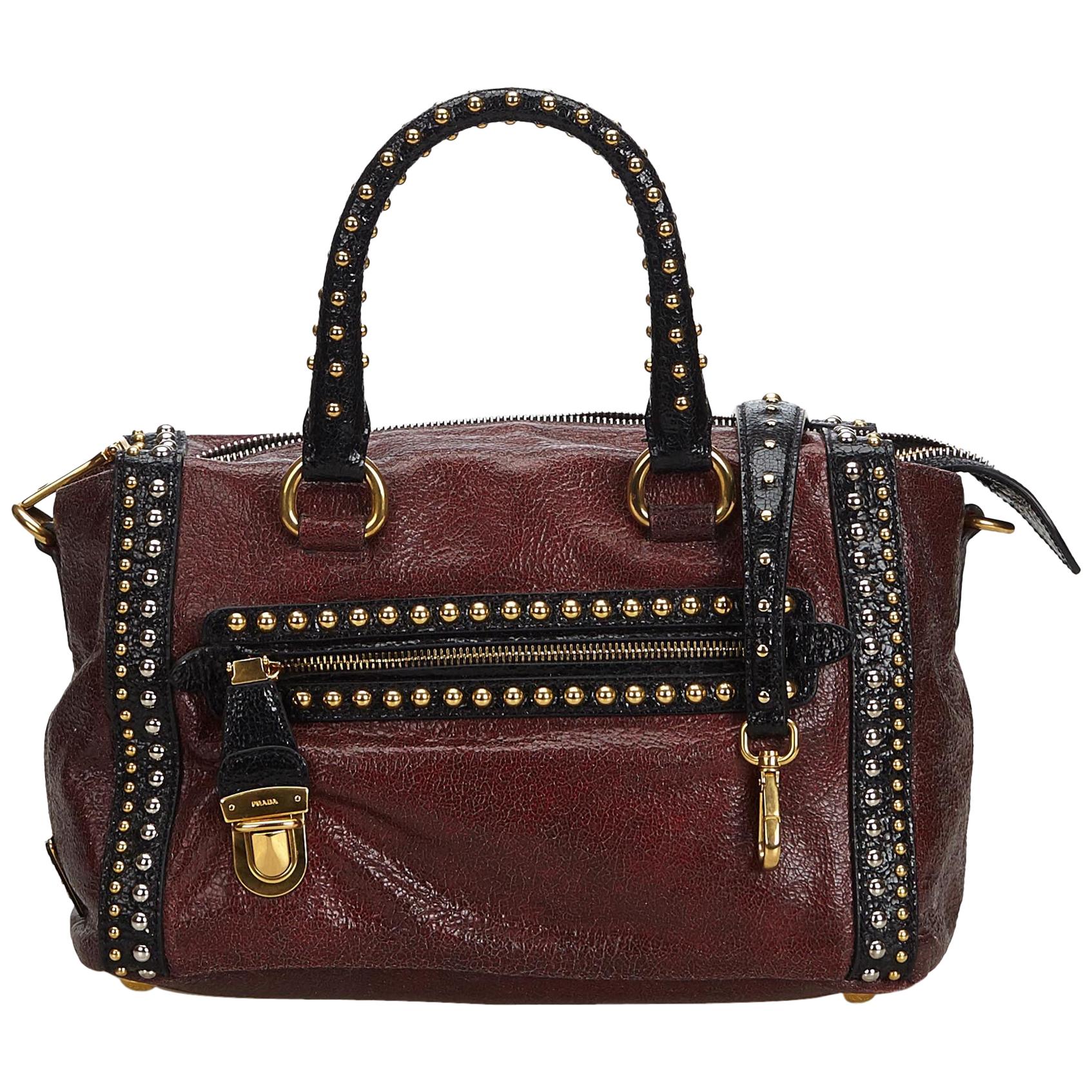 Vintage Authentic Prada Leather Studded Craquele Satchel w Dust Bag ...