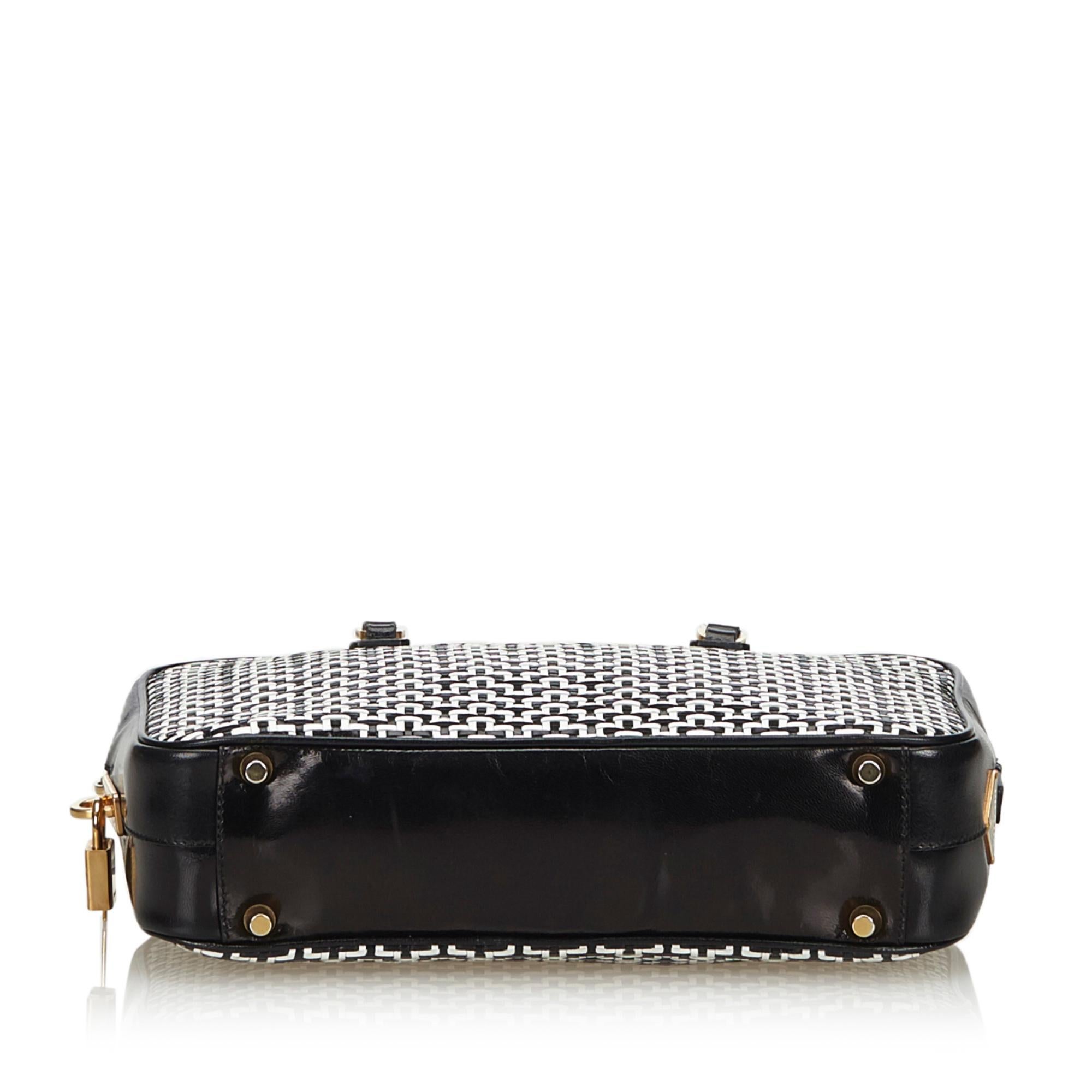 Black Vintage Authentic Prada Leather Woven Handbag w Authenticity Card Padlock Key  For Sale