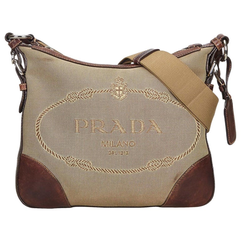 Vintage Authentic Prada Light Canvas Fabric Canapa Crossbody Bag ITALY