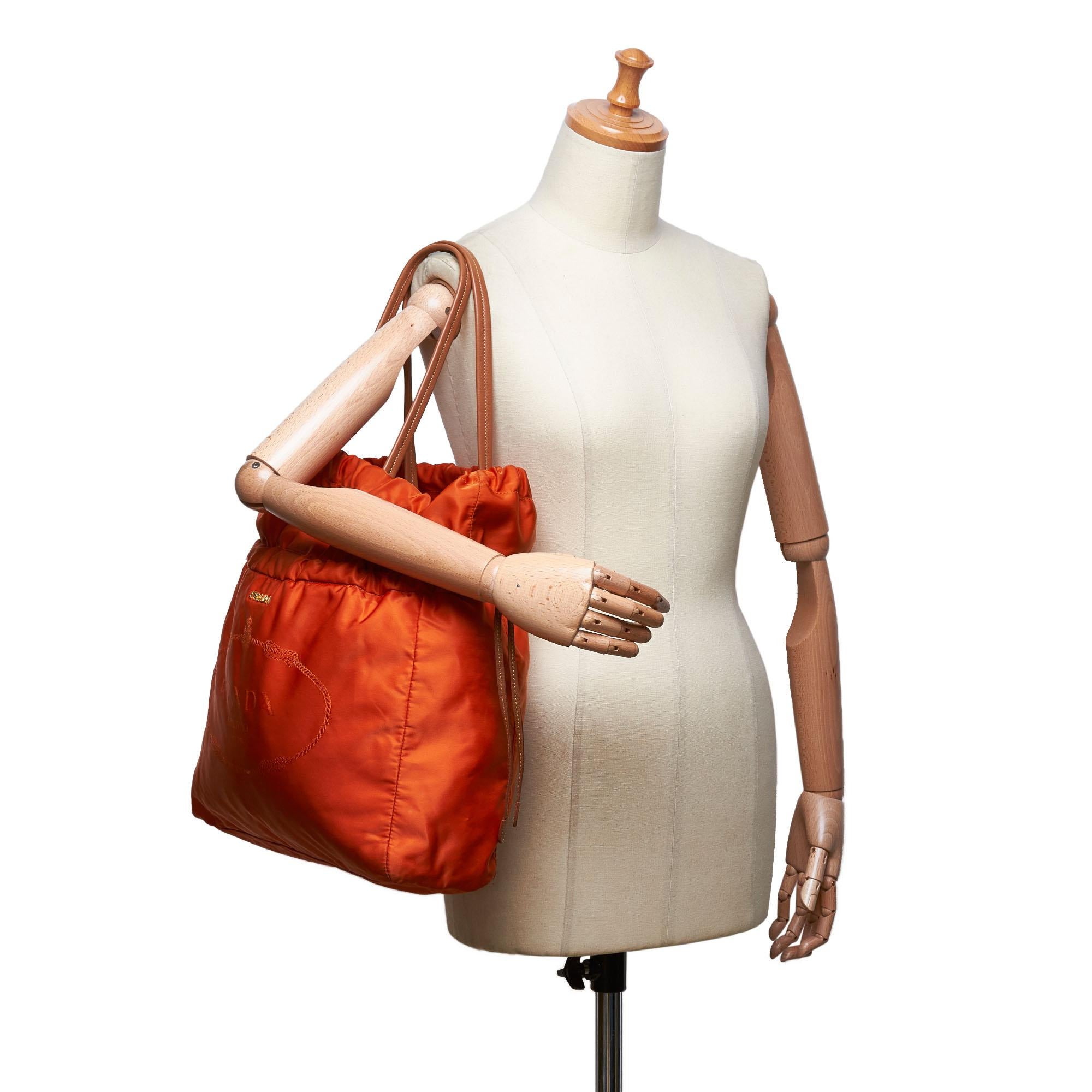 Vintage Authentic Prada Orange Light Drawstring Shopper Tote Bag Italy LARGE  6