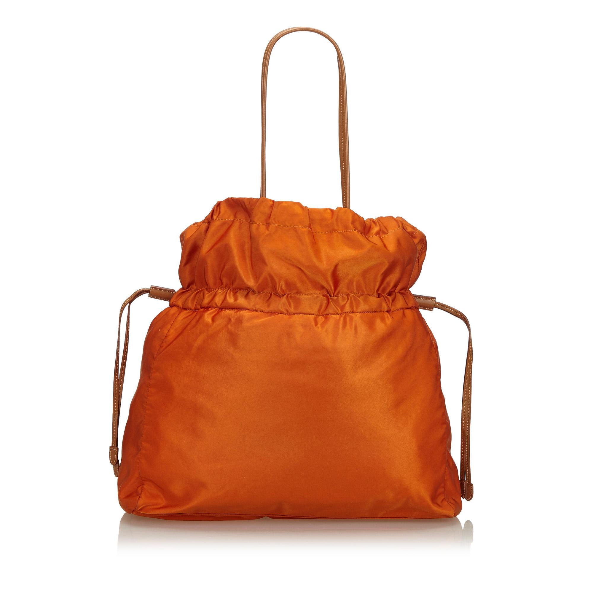 Red Vintage Authentic Prada Orange Light Drawstring Shopper Tote Bag Italy LARGE 
