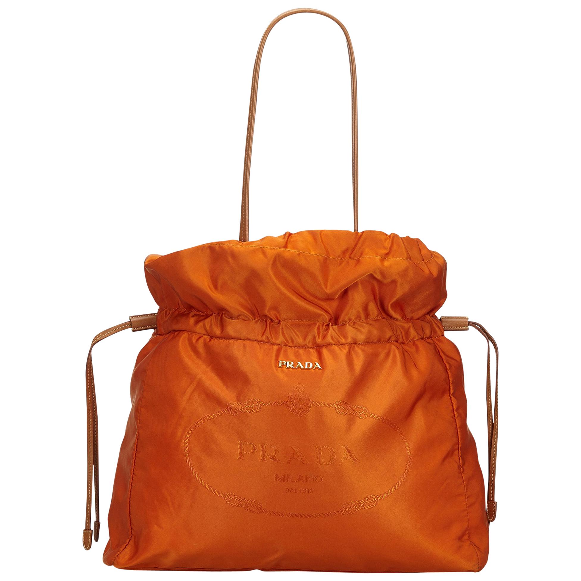 Vintage Authentic Prada Orange Light Drawstring Shopper Tote Bag Italy LARGE 
