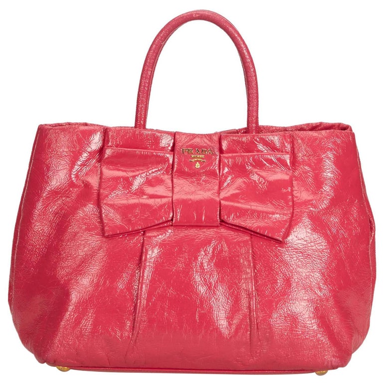 Vintage Authentic Prada Pink Hot Pink Patent Leather Tote Italy LARGE