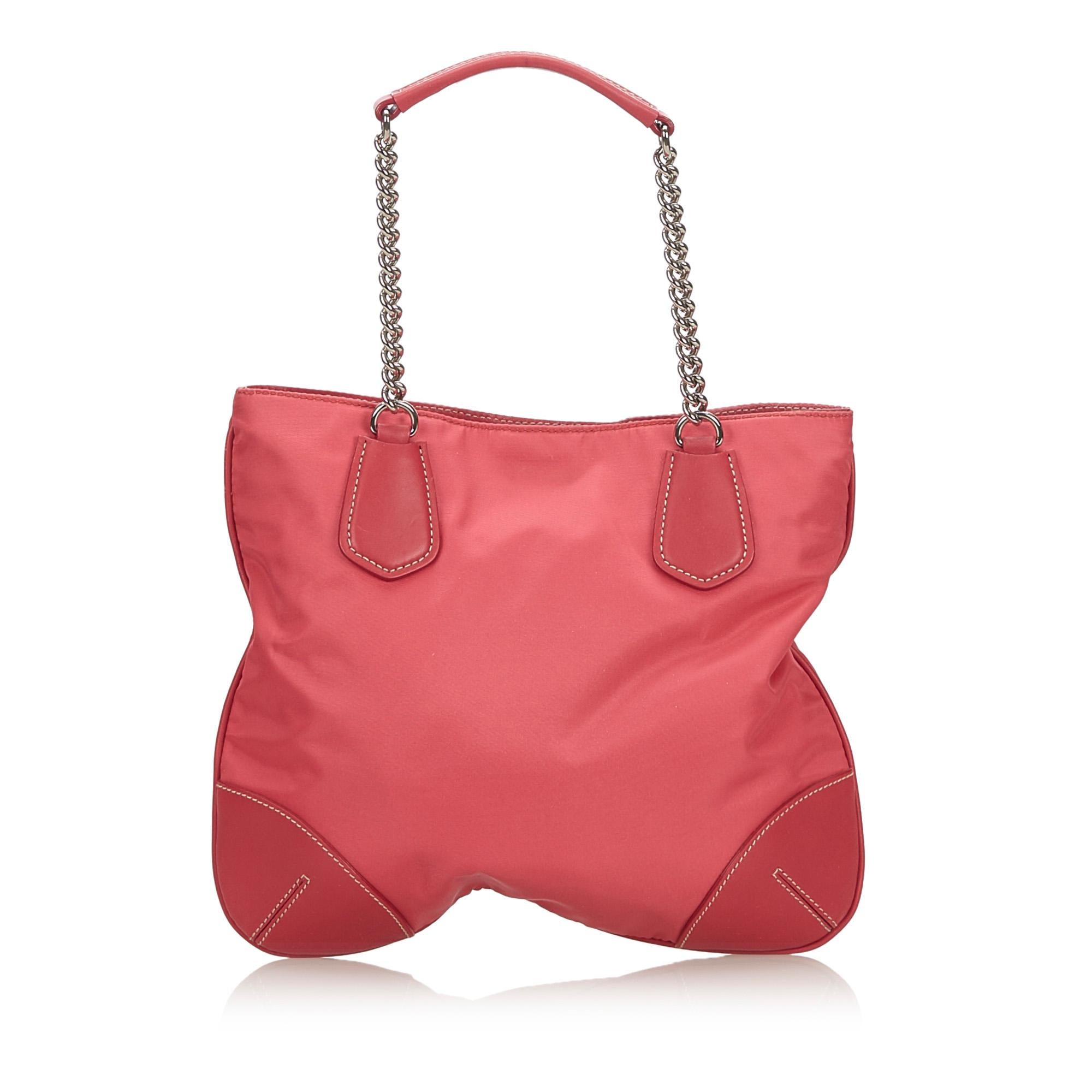 Orange Vintage Authentic Prada Pink Nylon Fabric Chain Handbag Italy w Dust Bag SMALL  For Sale
