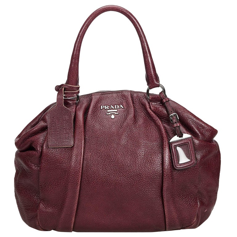 Vintage Authentic Prada Purple Leather Handbag Italy w/ Dust Bag MEDIUM For Sale at 1stdibs