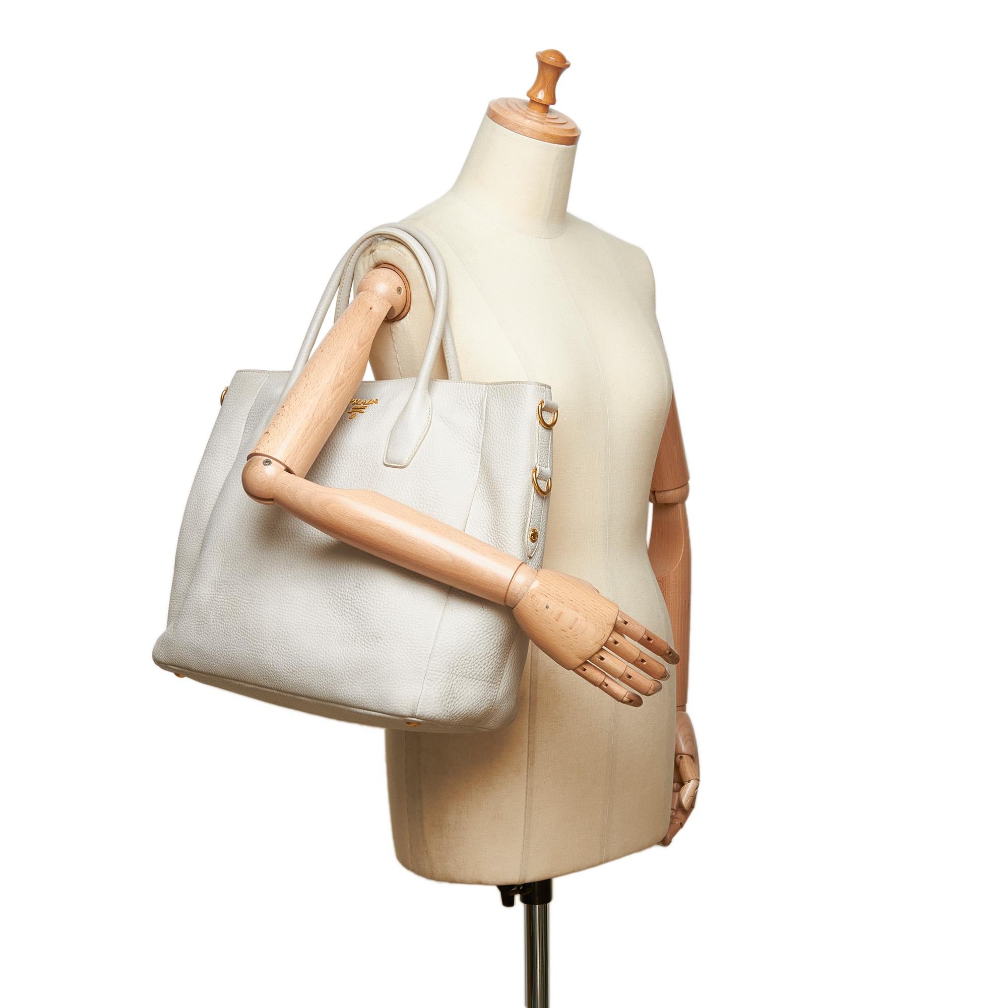 Vintage Authentic Prada White Ivory Leather Vitello Daino Tote Bag Italy LARGE 9