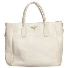 Vintage Authentic Prada White Ivory Leather Vitello Daino Tote Bag Italy LARGE
