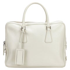 Vintage Authentic Prada White Leather Saffiano Business Bag ITALY w LARGE