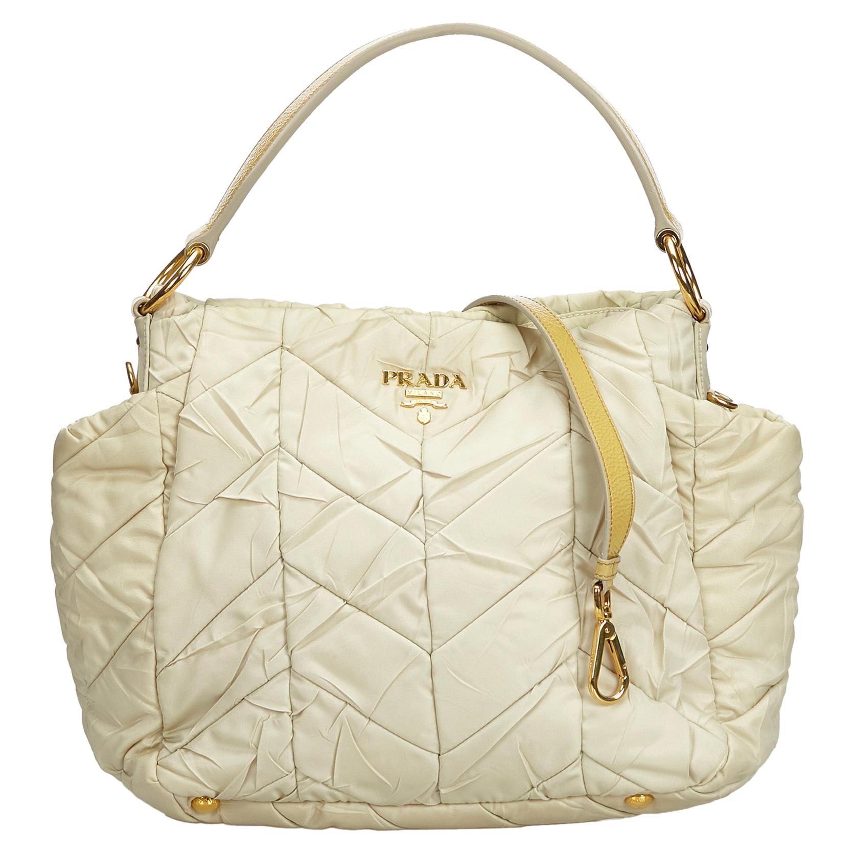 Vintage Authentic Prada White Light Nylon Fabric Quilted Satchel Italy LARGE  For Sale