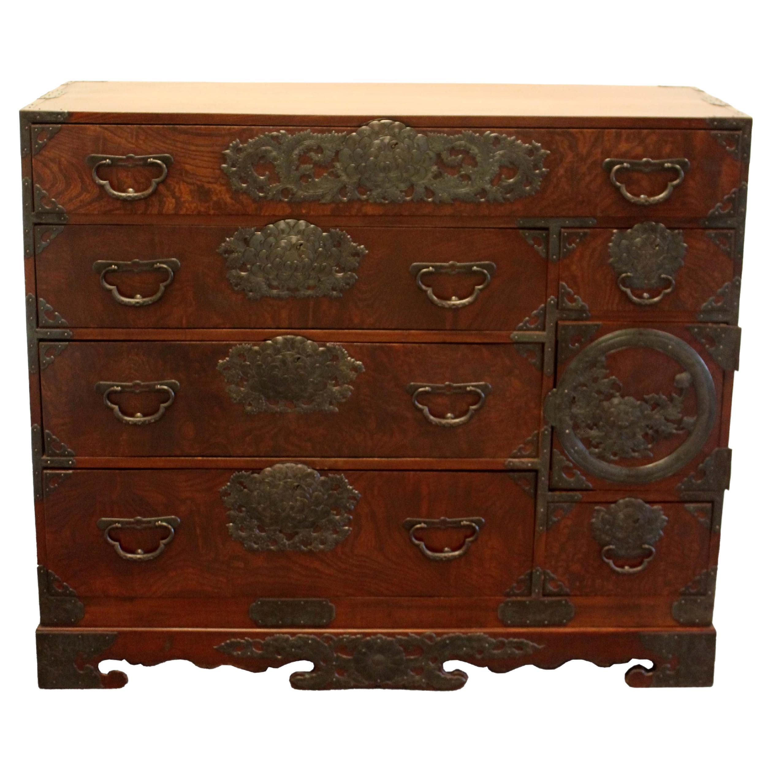 Vintage Authentic Sendai Tansu Japanese Chest Cabinet Taisho Period Keyaki Wood For Sale