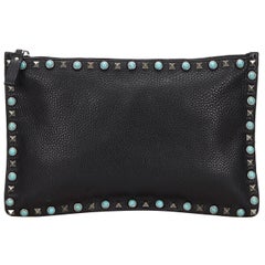 Vintage Authentic Valentino Black Leather Rockstud Clutch Bag Italy SMALL