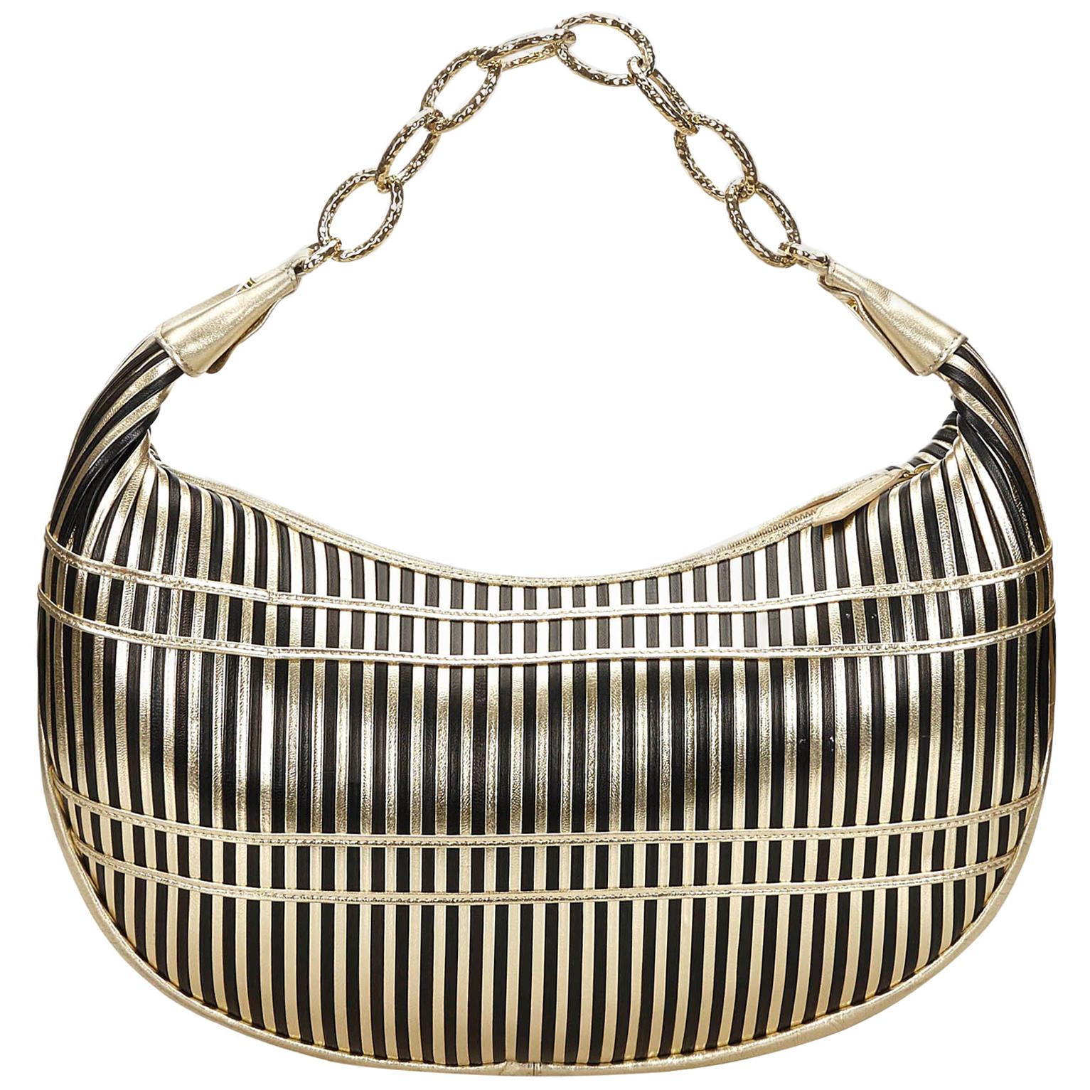 Vintage Authentic Valentino Gold Leather Striped Chain Baguette Italy SMALL