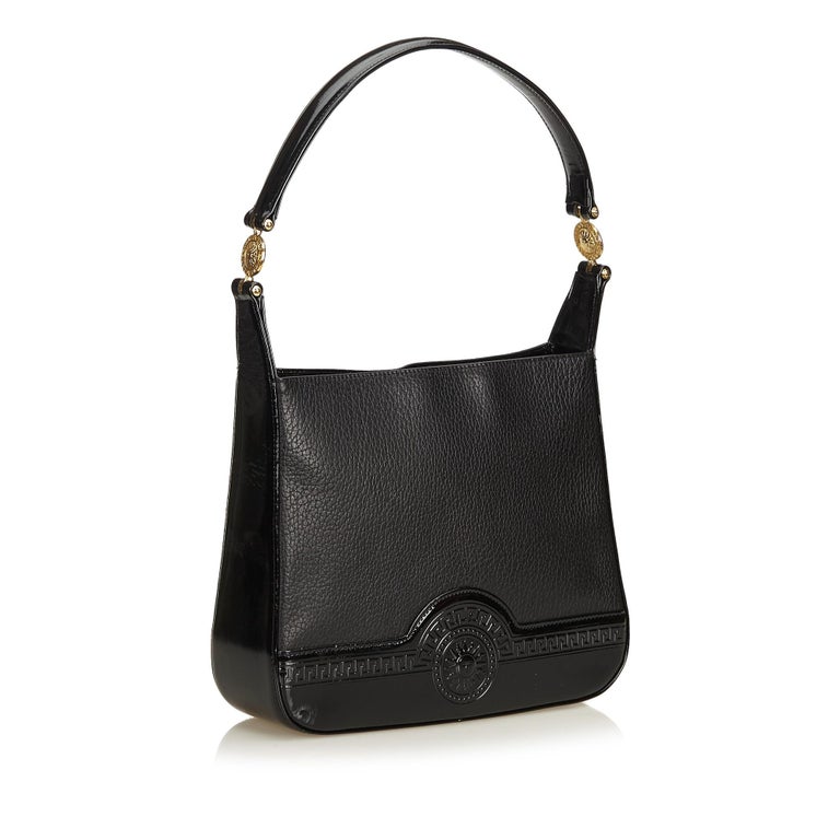 Vintage Authentic Versace Black Leather Shoulder Bag Italy w/ Dust Bag MEDIUM For Sale at 1stdibs