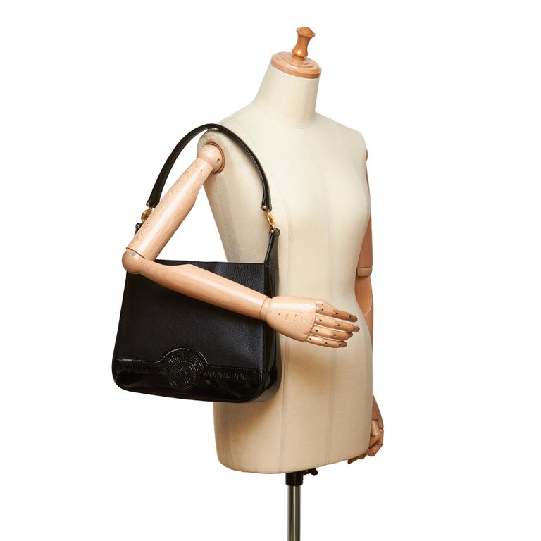 Vintage Authentic Versace Black Leather Shoulder Bag Italy w/ Dust Bag MEDIUM For Sale at 1stdibs