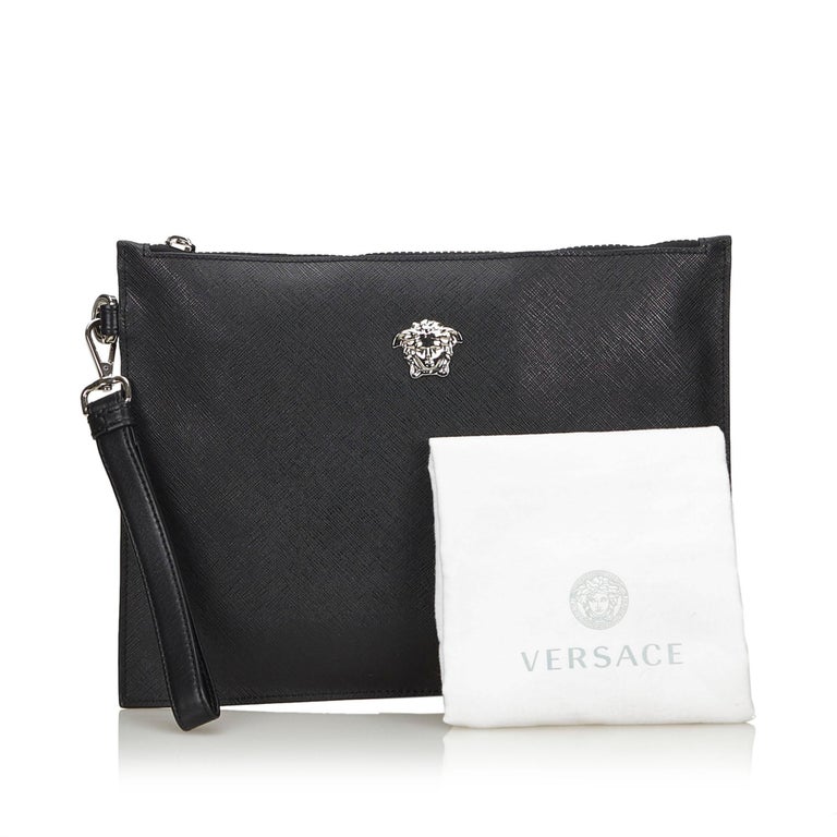 Vintage Authentic Versace Black Medusa Clutch Bag Italy w Dust Bag SMALL For Sale at 1stdibs