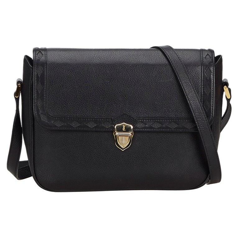Vintage Authentic YSL Black Leather Crossbody Bag France MEDIUM For
