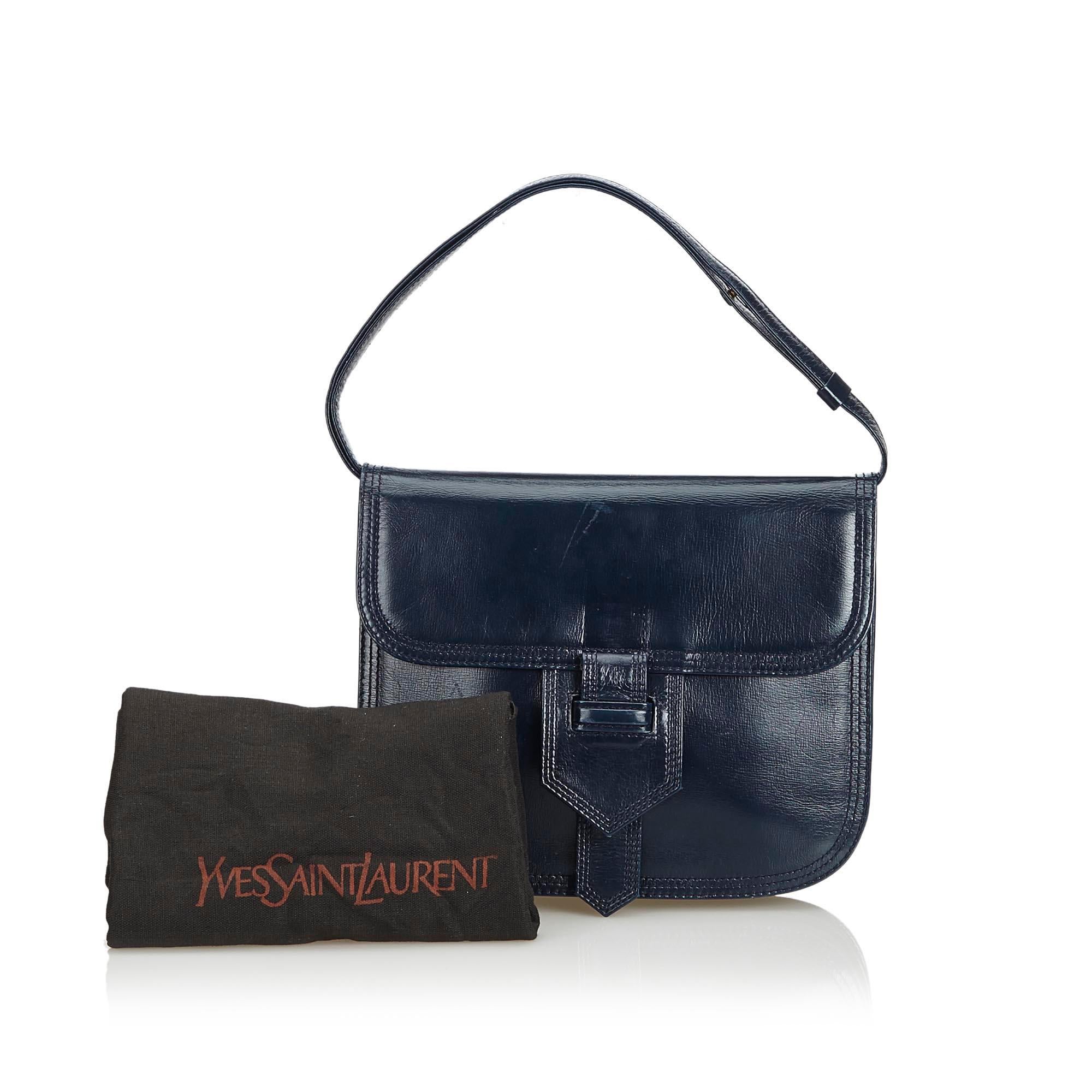 Vintage Authentic YSL Blue Navy Leather Handbag France w/ Dust Bag MEDIUM  For Sale 9