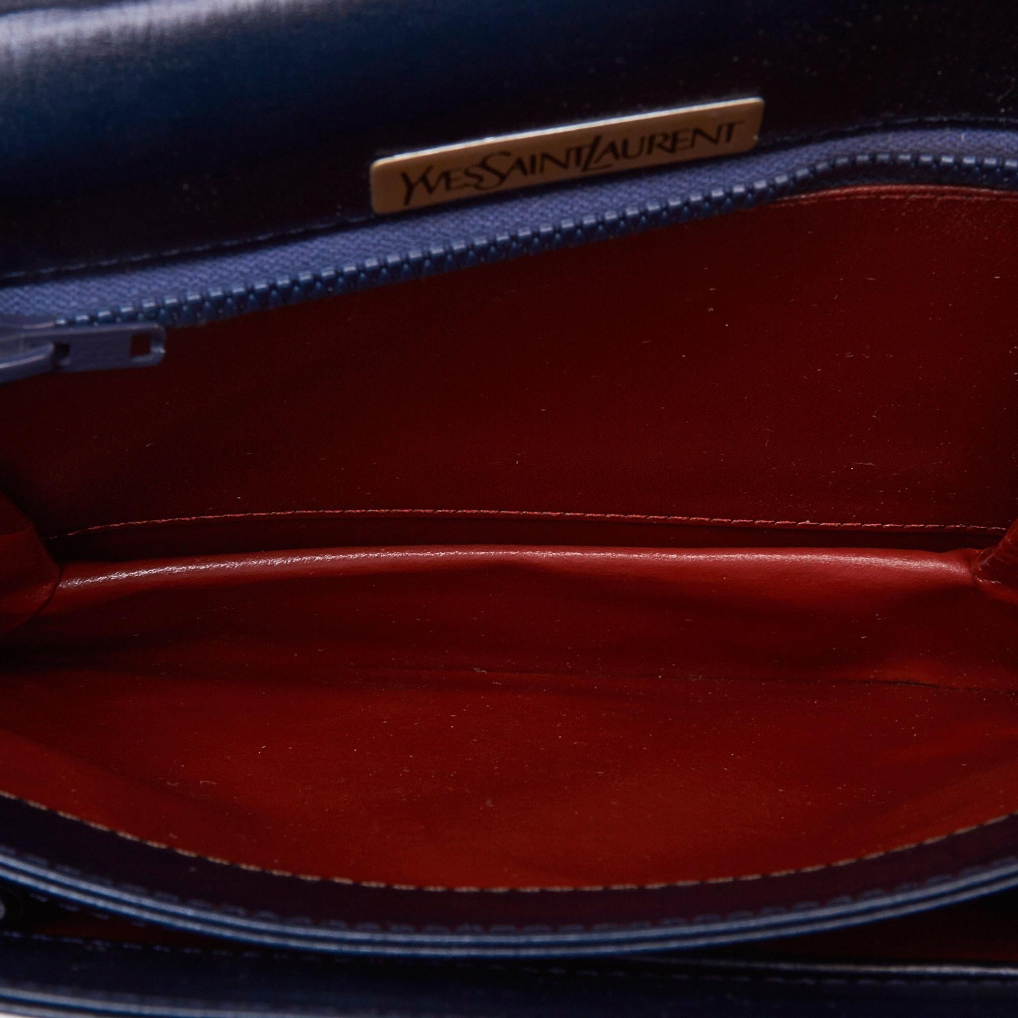 Black Vintage Authentic YSL Blue Navy Leather Handbag France w/ Dust Bag MEDIUM  For Sale