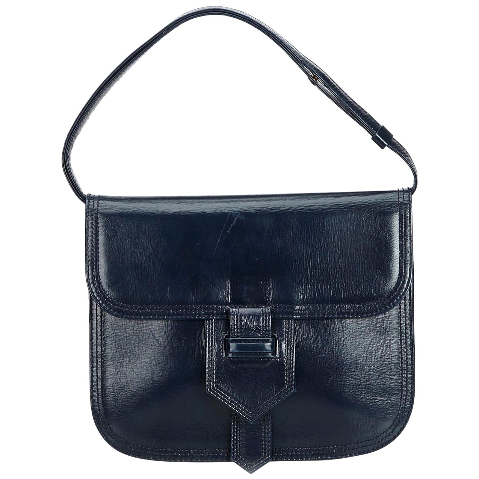 Vintage Authentic YSL Blue Navy Leather Handbag France w/ Dust Bag MEDIUM  For Sale