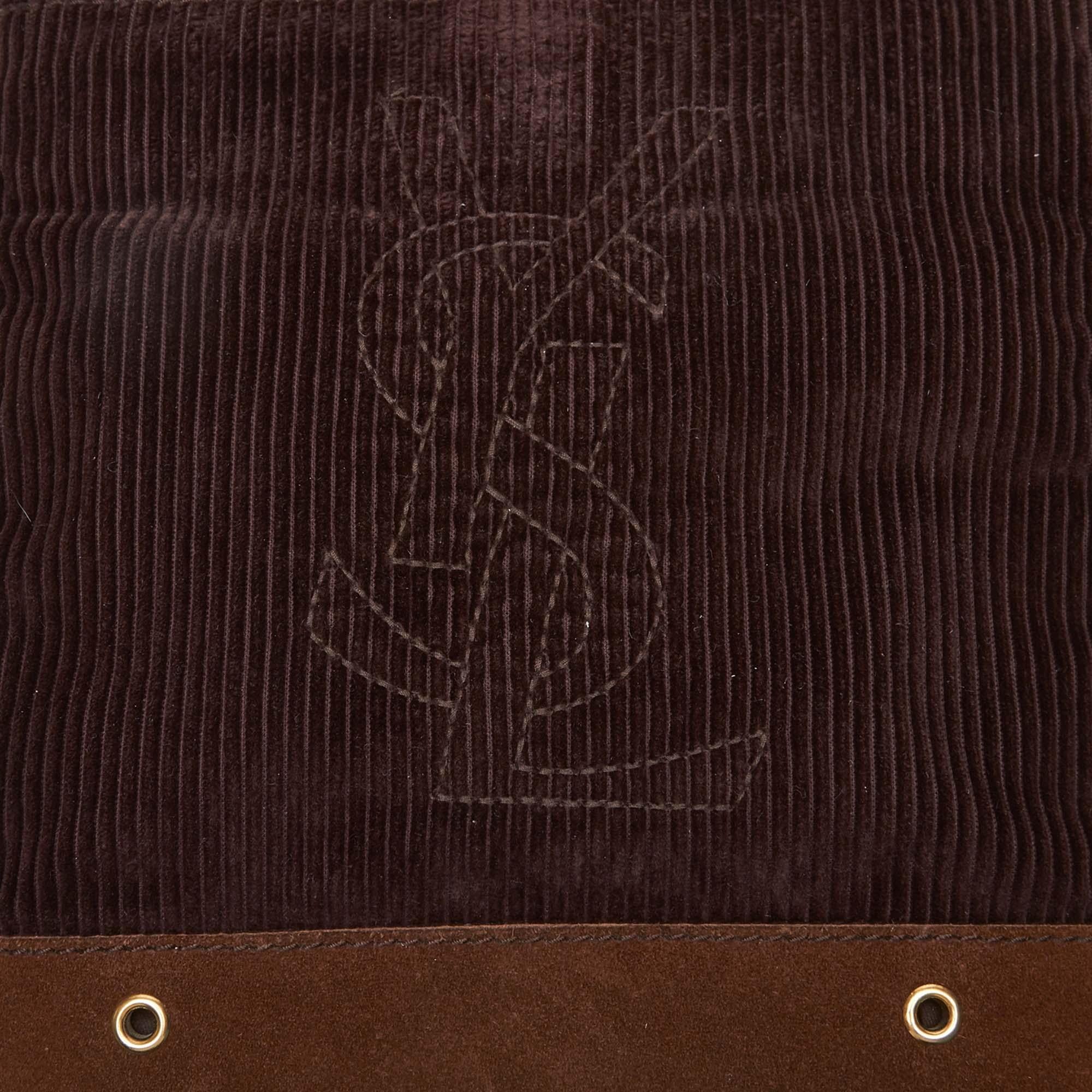 Vintage Authentic YSL Brown Corduroy Fabric Crossbody Bag France MEDIUM  For Sale 4