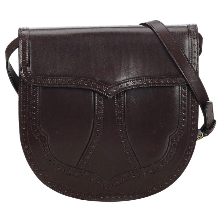 Vintage Authentic YSL Brown Dark Brown Leather Crossbody Bag France
