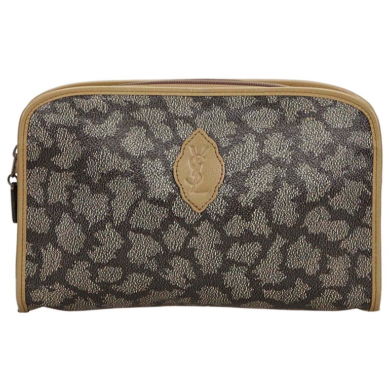 Vintage Authentic YSL Gray PVC Plastic Printed Clutch Bag France SMALL