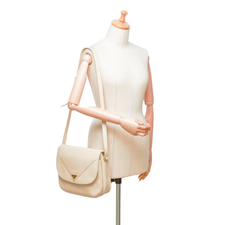 Vintage Authentic YSL White Ivory Leather Crossbody Bag France MEDIUM