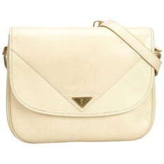 Vintage Authentic YSL White Ivory Leather Crossbody Bag France MEDIUM 