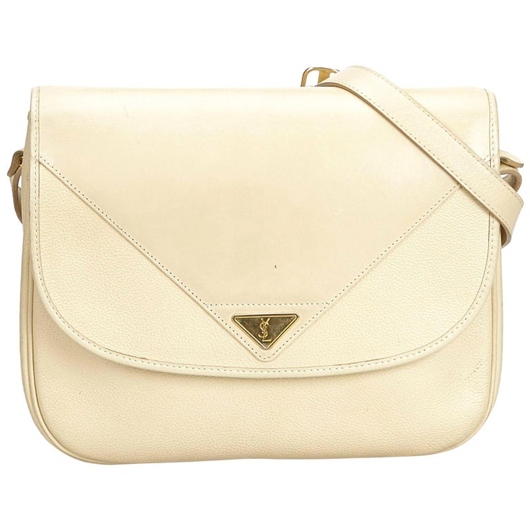 Vintage Authentic YSL White Ivory Leather Crossbody Bag France