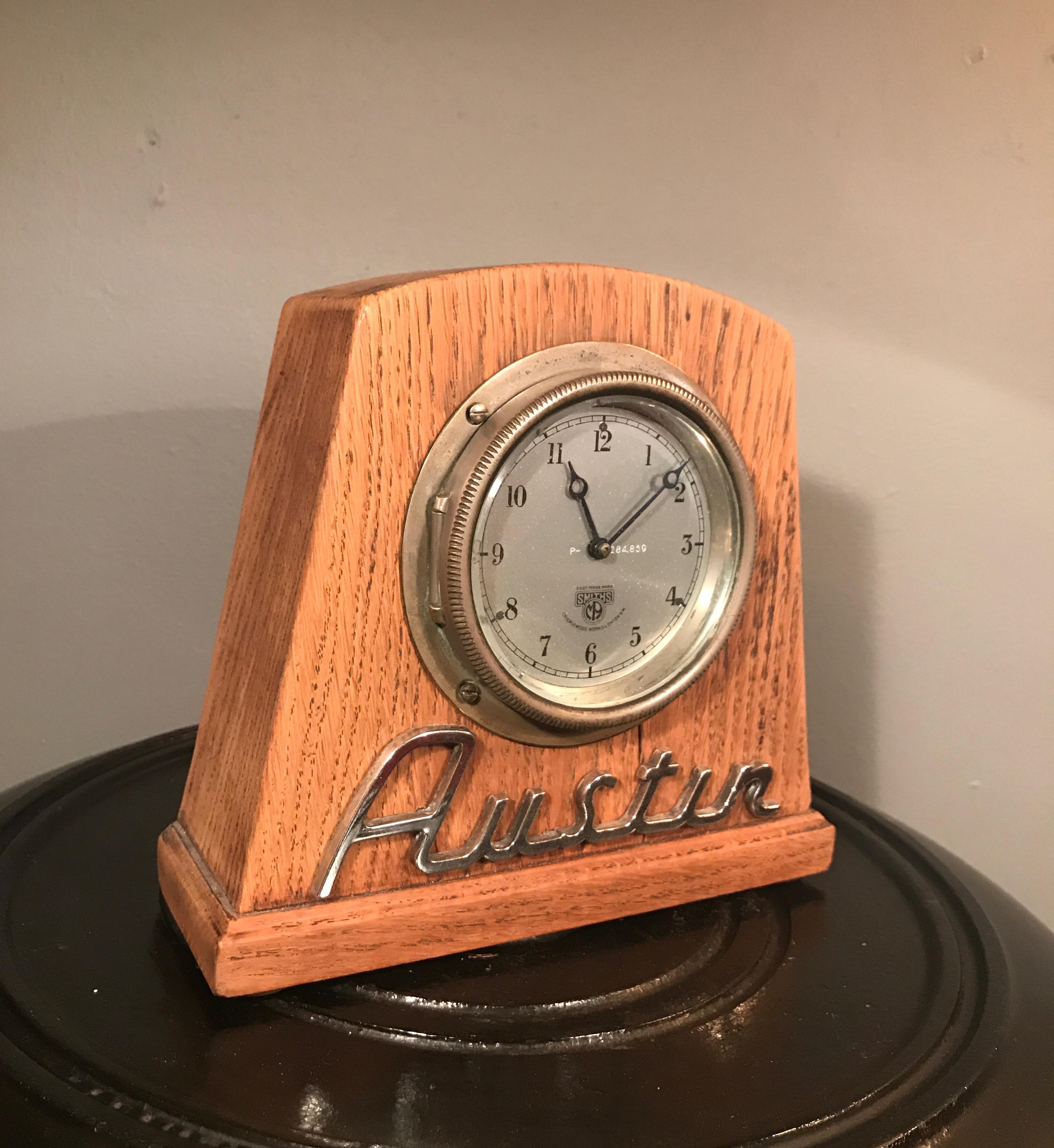 Vintage auto clock by Smiths of England from the 1930s and most probably from an Austin
In working condition and still with the original instruction label on the inside
Mounted into an oak case
Lovely piece of automobilia and ideal for the office