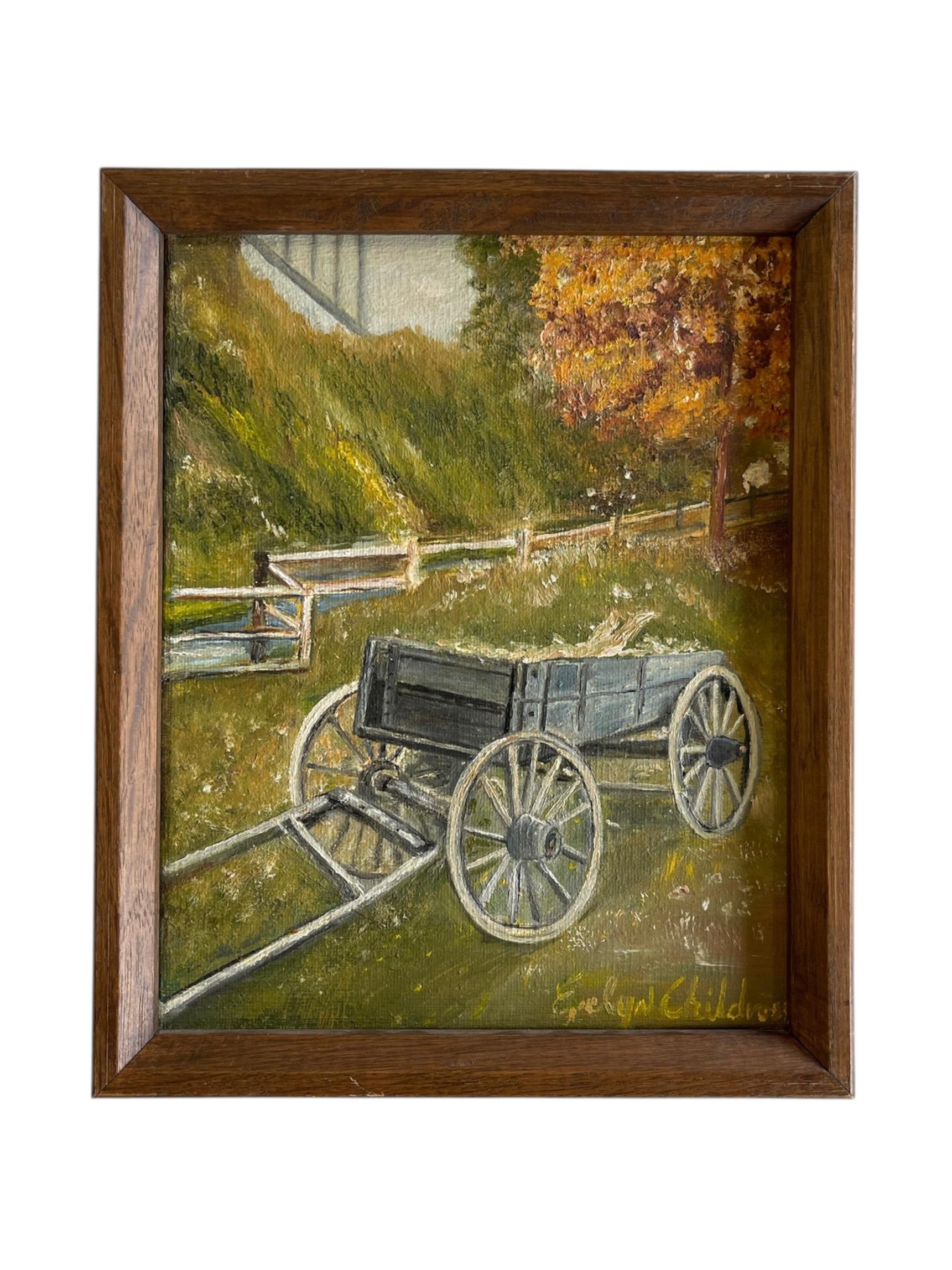   Dieses Vintage-Ölgemälde von Evelyn Childress zeigt eine rustikale Herbstlandschaft mit einem hölzernen Wagen, der in einem grasbewachsenen Feld ruht. Die Szene zeigt üppiges Herbstlaub, einen sanft abfallenden Hügel und einen verwitterten