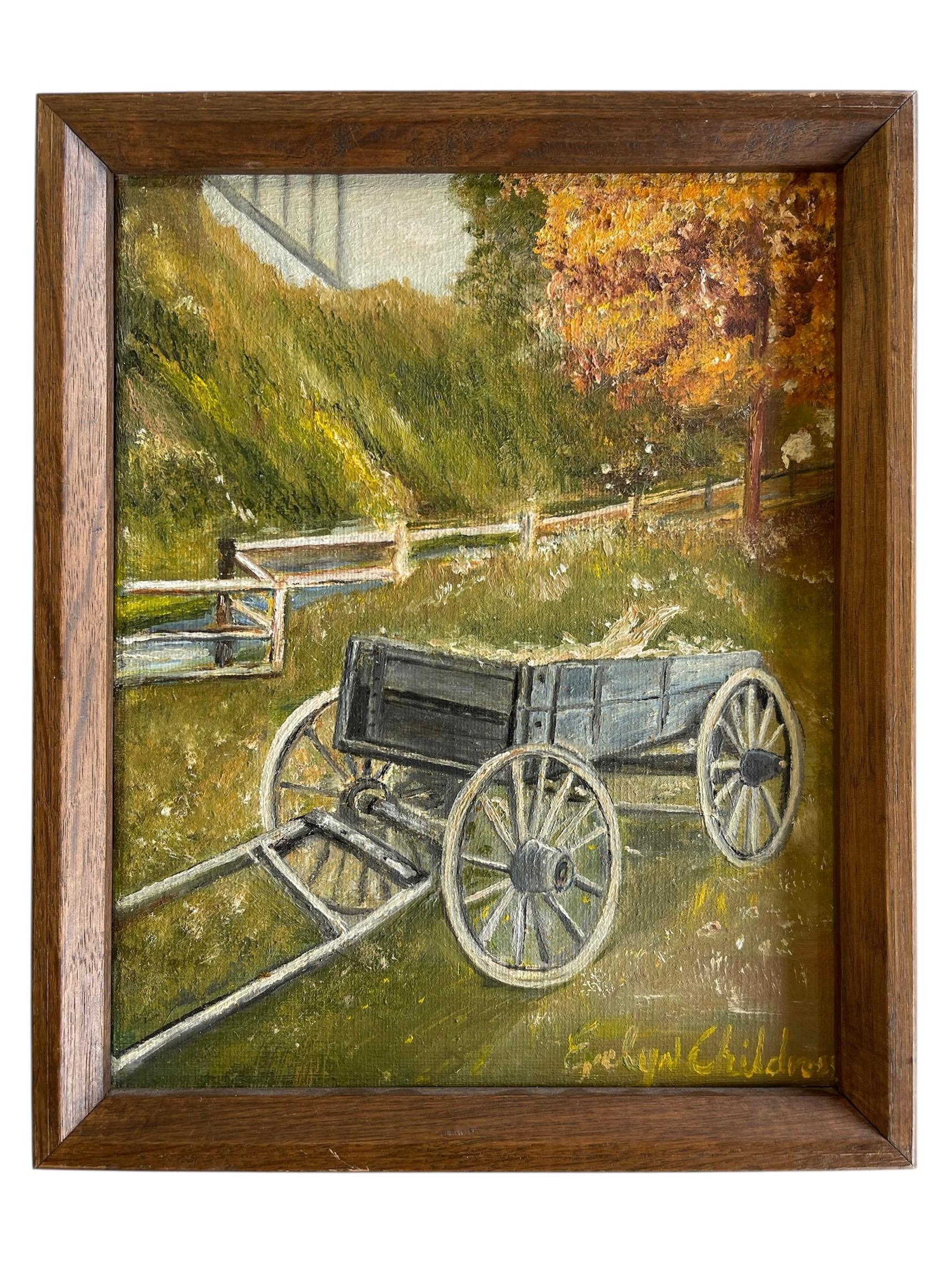 Vintage Autumn Landscape Ölgemälde mit Wagen von Evelyn Childress, gerahmt (Moderne der Mitte des Jahrhunderts) im Angebot