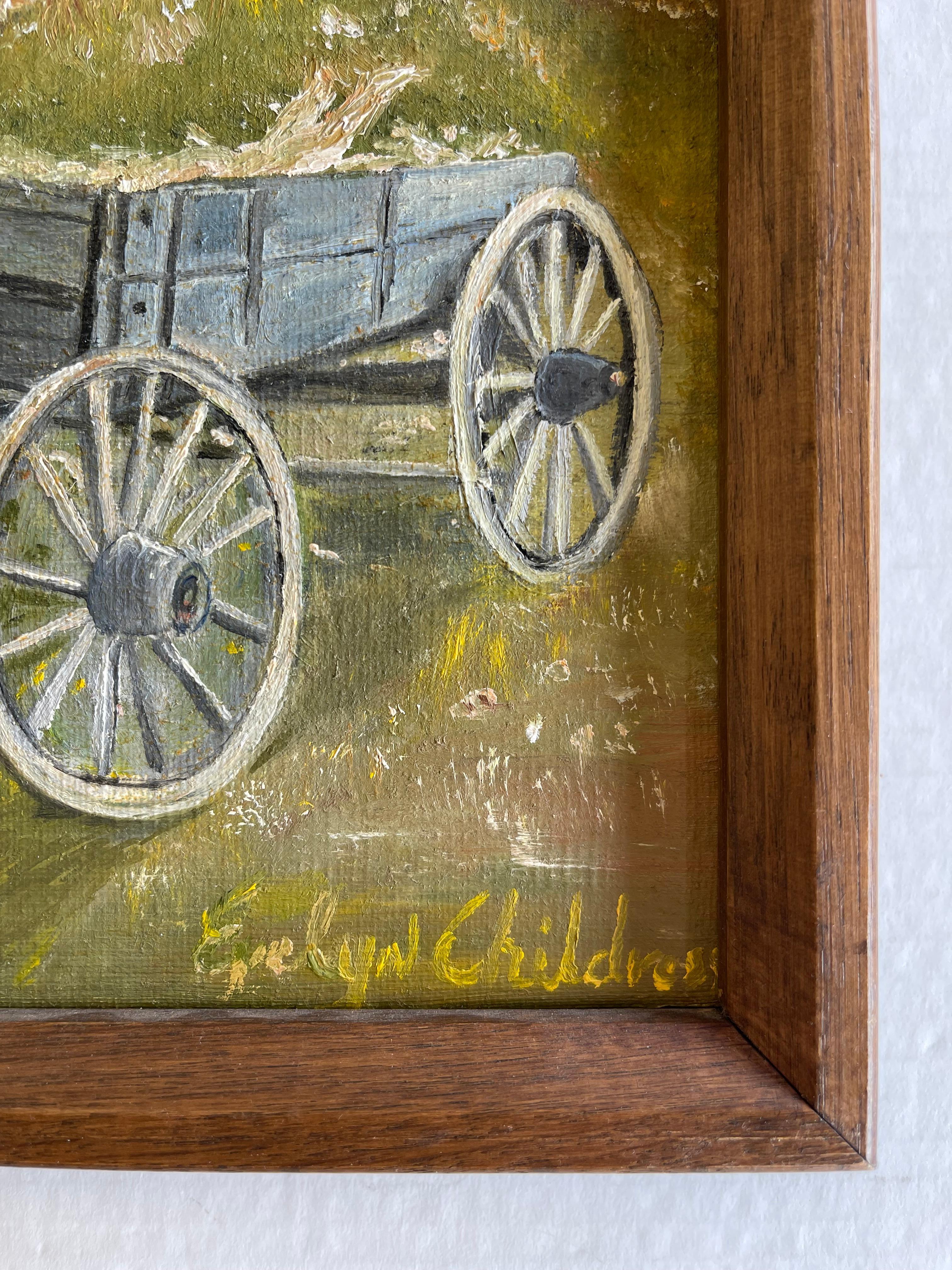 Vintage Autumn Landscape Ölgemälde mit Wagen von Evelyn Childress, gerahmt im Zustand „Gut“ im Angebot in Seattle, WA