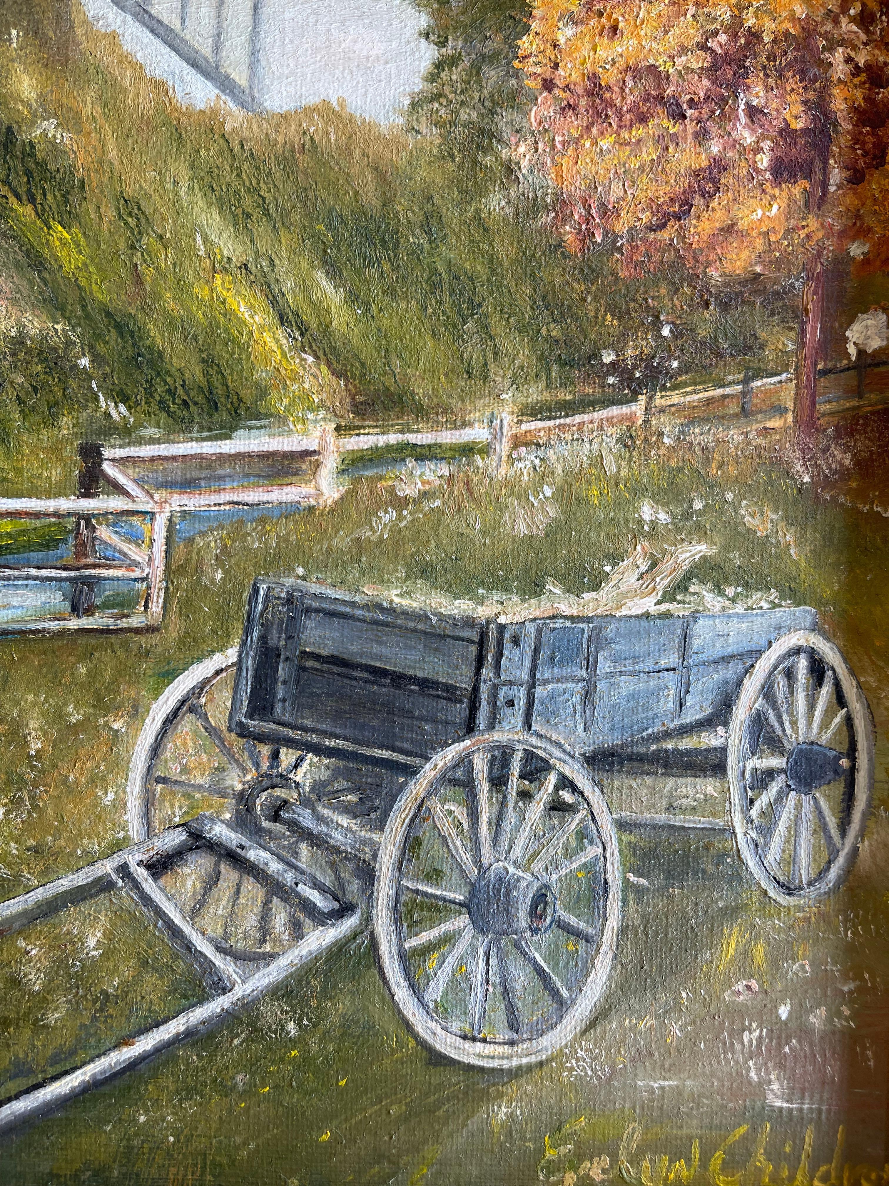 Vintage Autumn Landscape Ölgemälde mit Wagen von Evelyn Childress, gerahmt (Ende des 20. Jahrhunderts) im Angebot