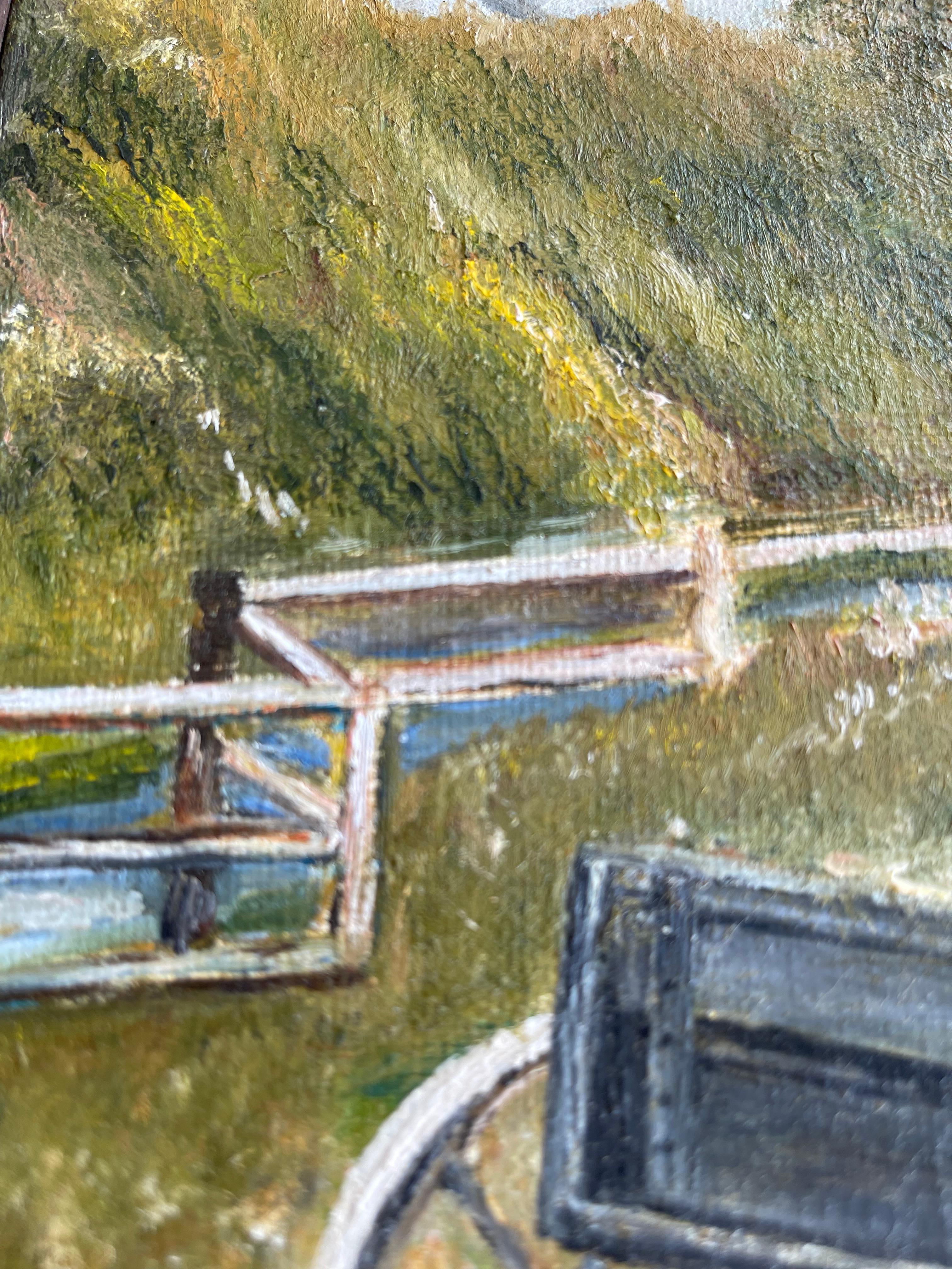 Vintage Autumn Landscape Ölgemälde mit Wagen von Evelyn Childress, gerahmt (Holz) im Angebot