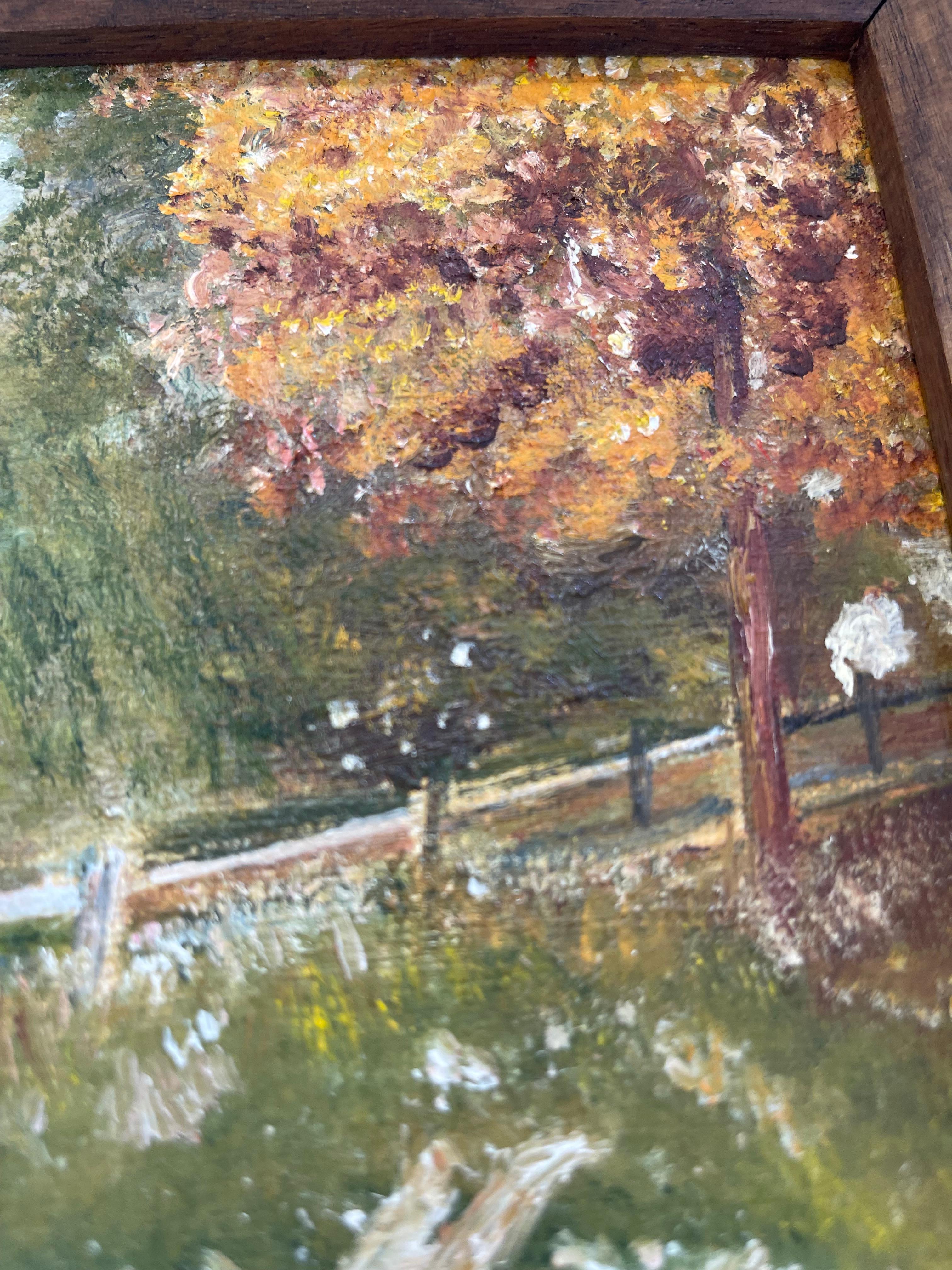Vintage Autumn Landscape Ölgemälde mit Wagen von Evelyn Childress, gerahmt im Angebot 1