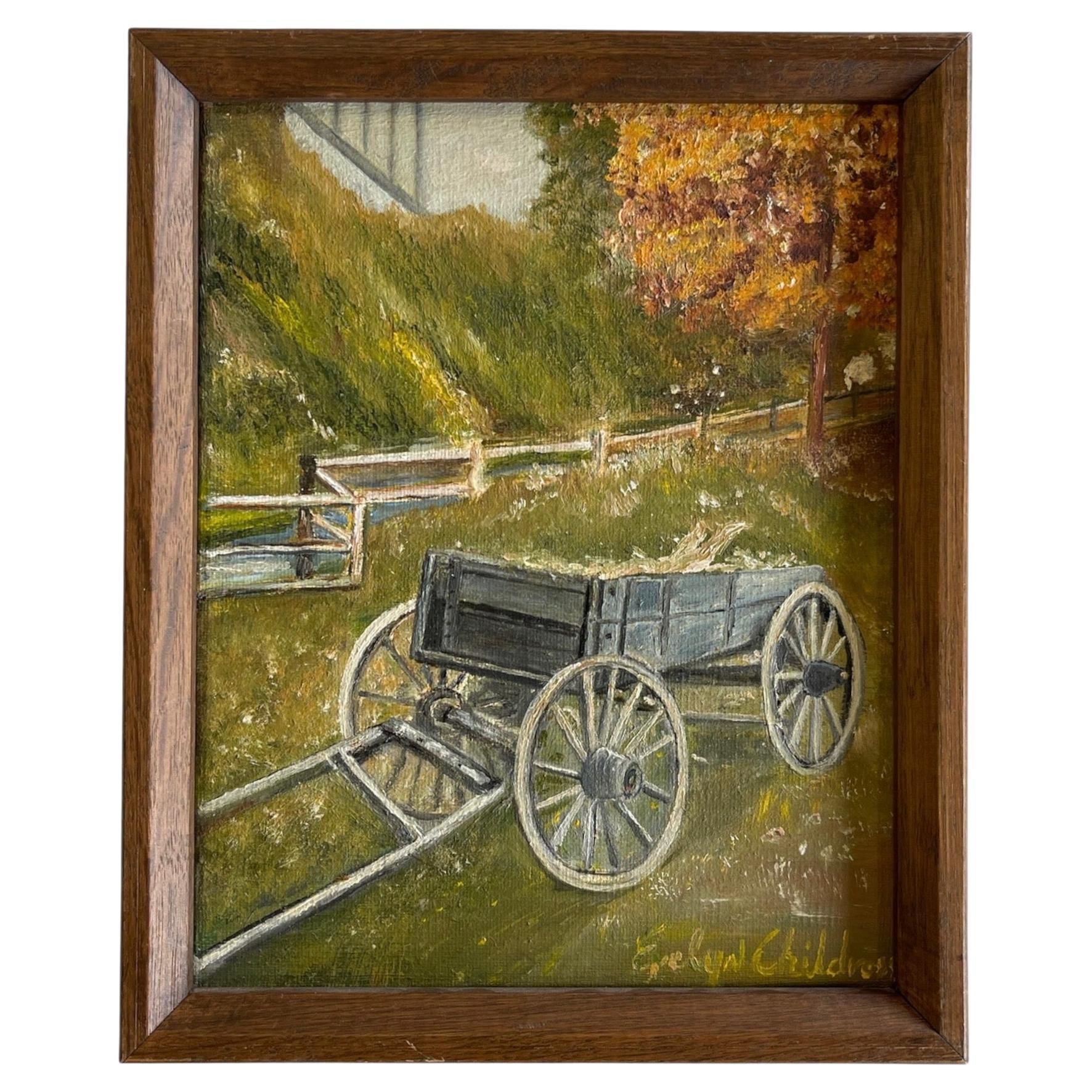 Vintage Autumn Landscape Ölgemälde mit Wagen von Evelyn Childress, gerahmt im Angebot