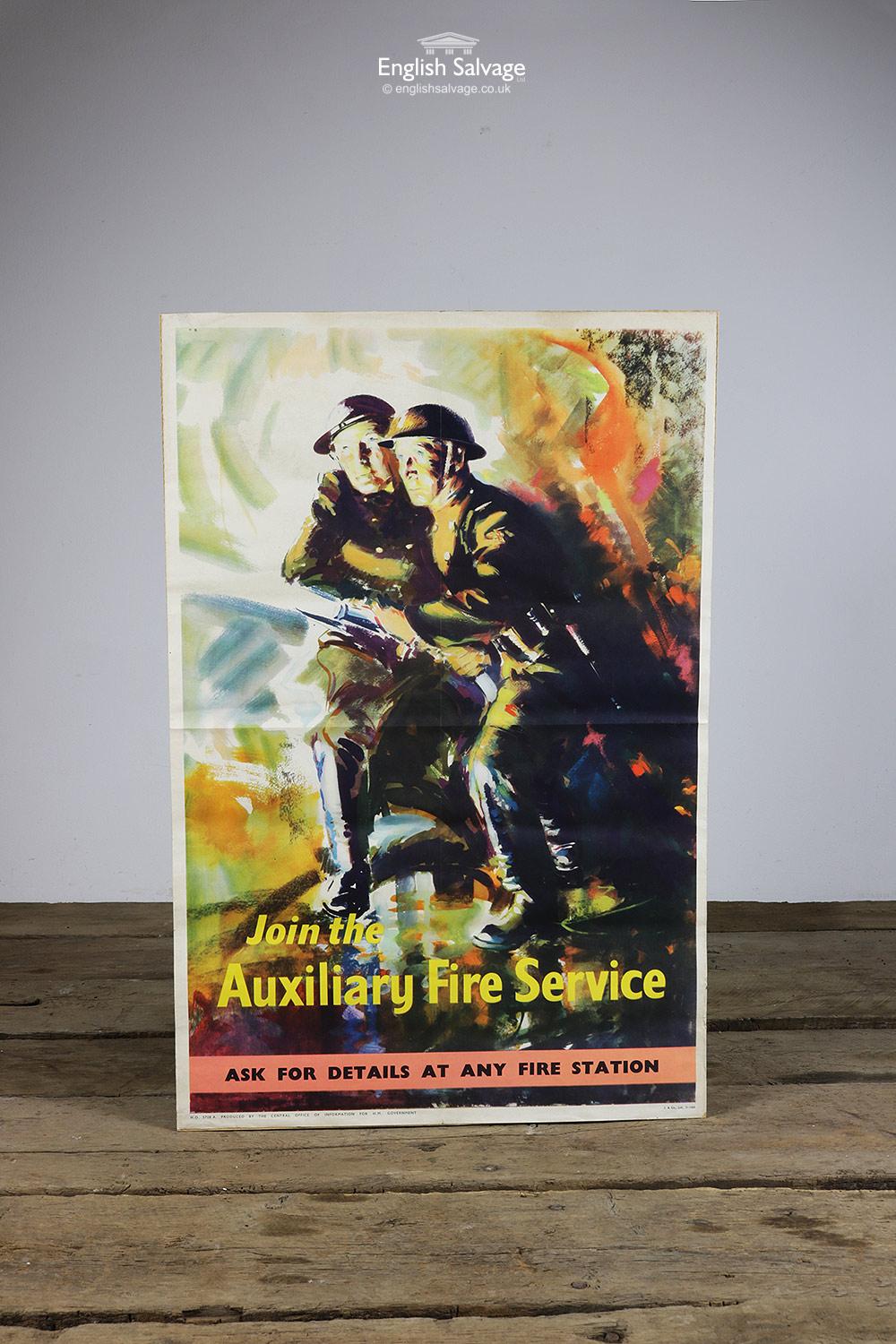 Reclaimed vintage Auxiliary Fire Service poster. The AFS was created in 1938 as part of the Civil Defence Service. The poster has been previously folded in half and there are some wear to edges.