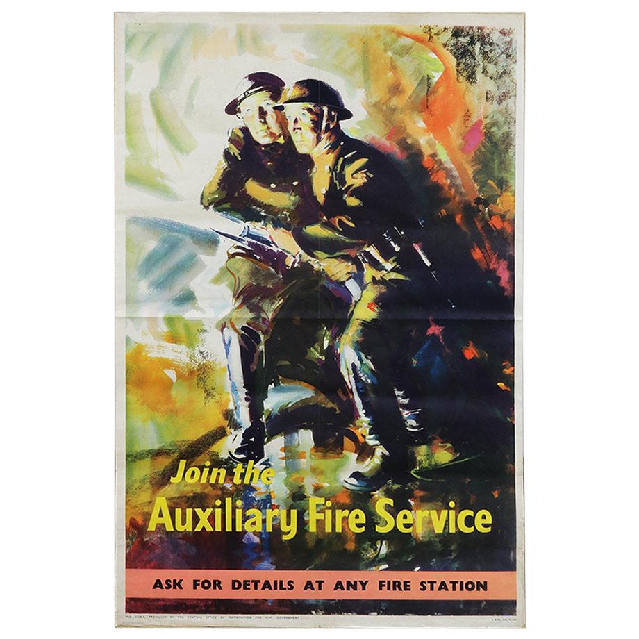 Vintage Auxiliary Fire Service Poster, 20th Century For Sale