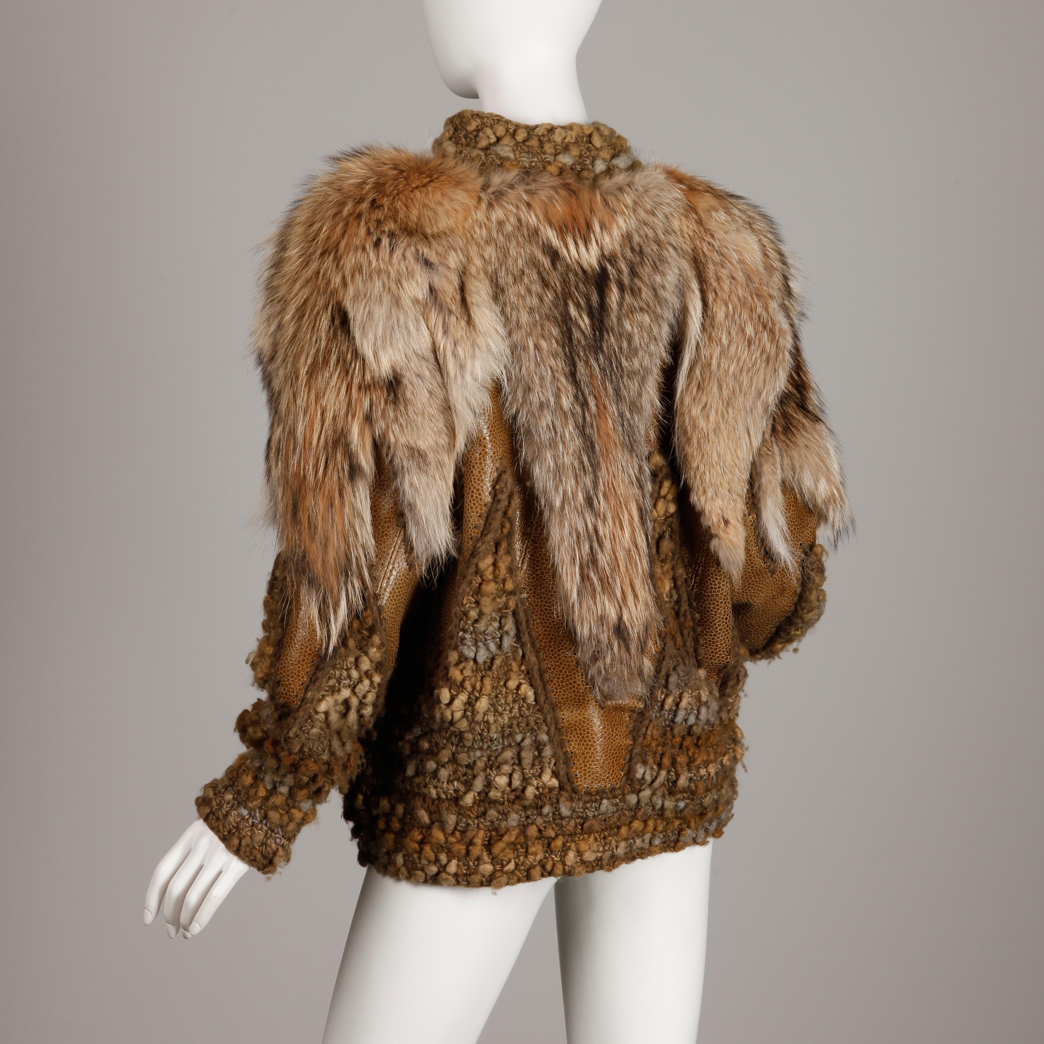 Unique vintage 1980s coyote fur and leather knit jacket with a zip up front from the estate of Pamela Lewis (Jerry Lewis/ Gary Lewis). Unlined with patchwork construction and dolman sleeves. The marked size is medium but the jacket will fit sizes