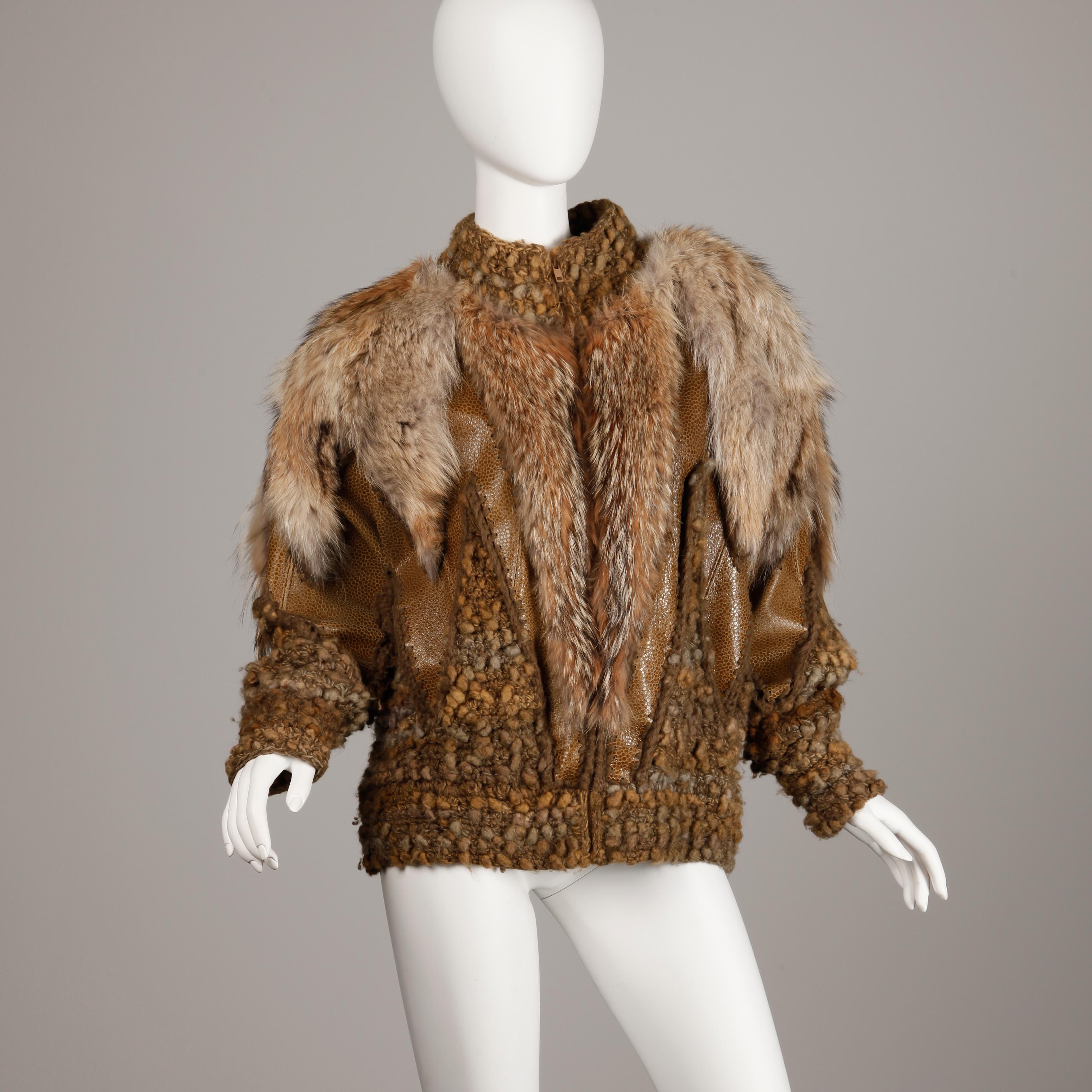 Brown Vintage Avant Garde Coyote Fur + Leather Knit Jacket