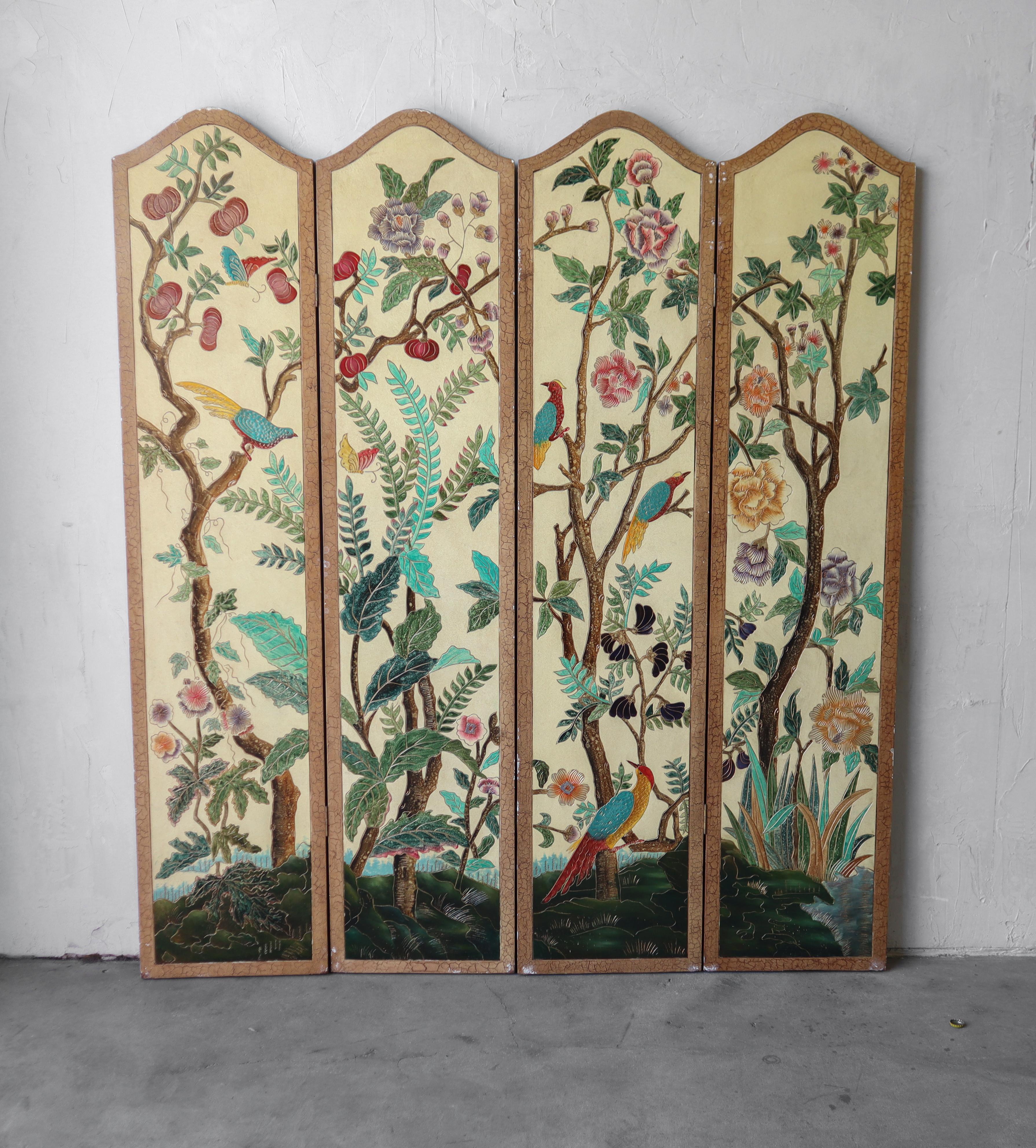 Art or function this beautiful vintage room divider can be used either way. Adorned with a avian and botanical theme I can envision this in a feminine space, a bedroom or even as a store fixture.  A beautiful pop of color.  It can be mounted or left