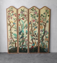 Vintage Avian Botanical Themed 4-Panel Room Divider