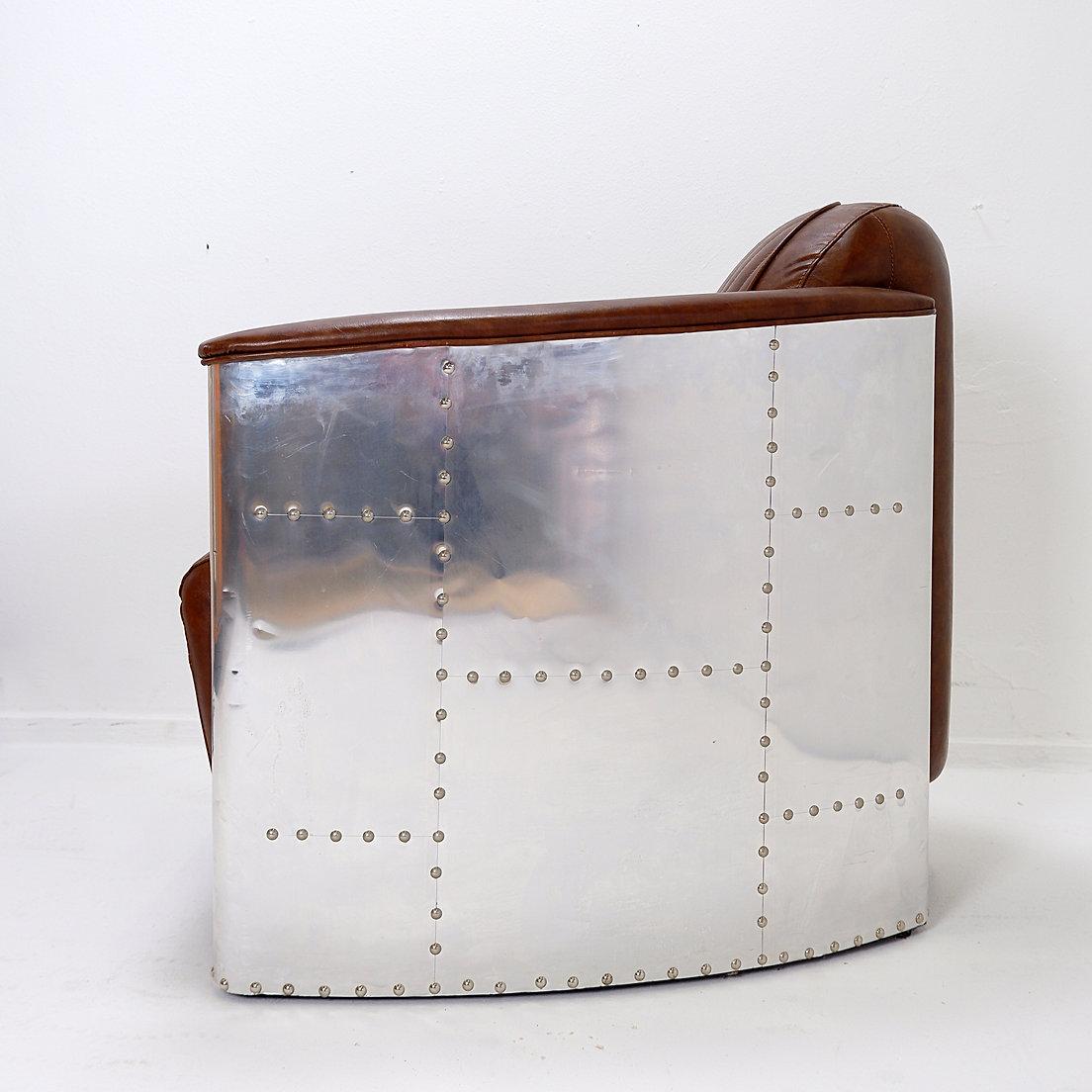 Contemporary Vintage Aviator armchair riveted aluminum and cognac leather For Sale