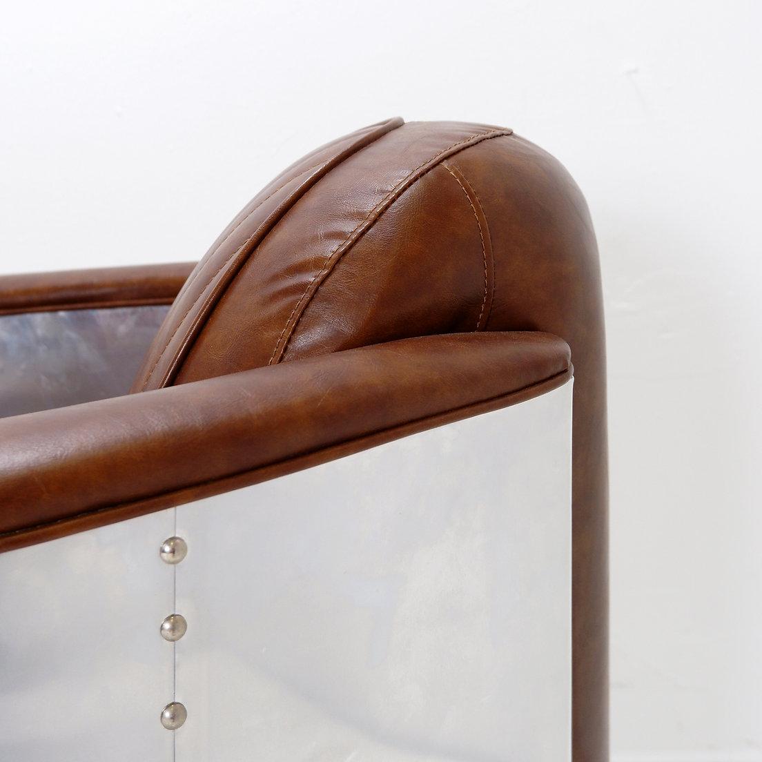 Metal Vintage Aviator armchair riveted aluminum and cognac leather For Sale