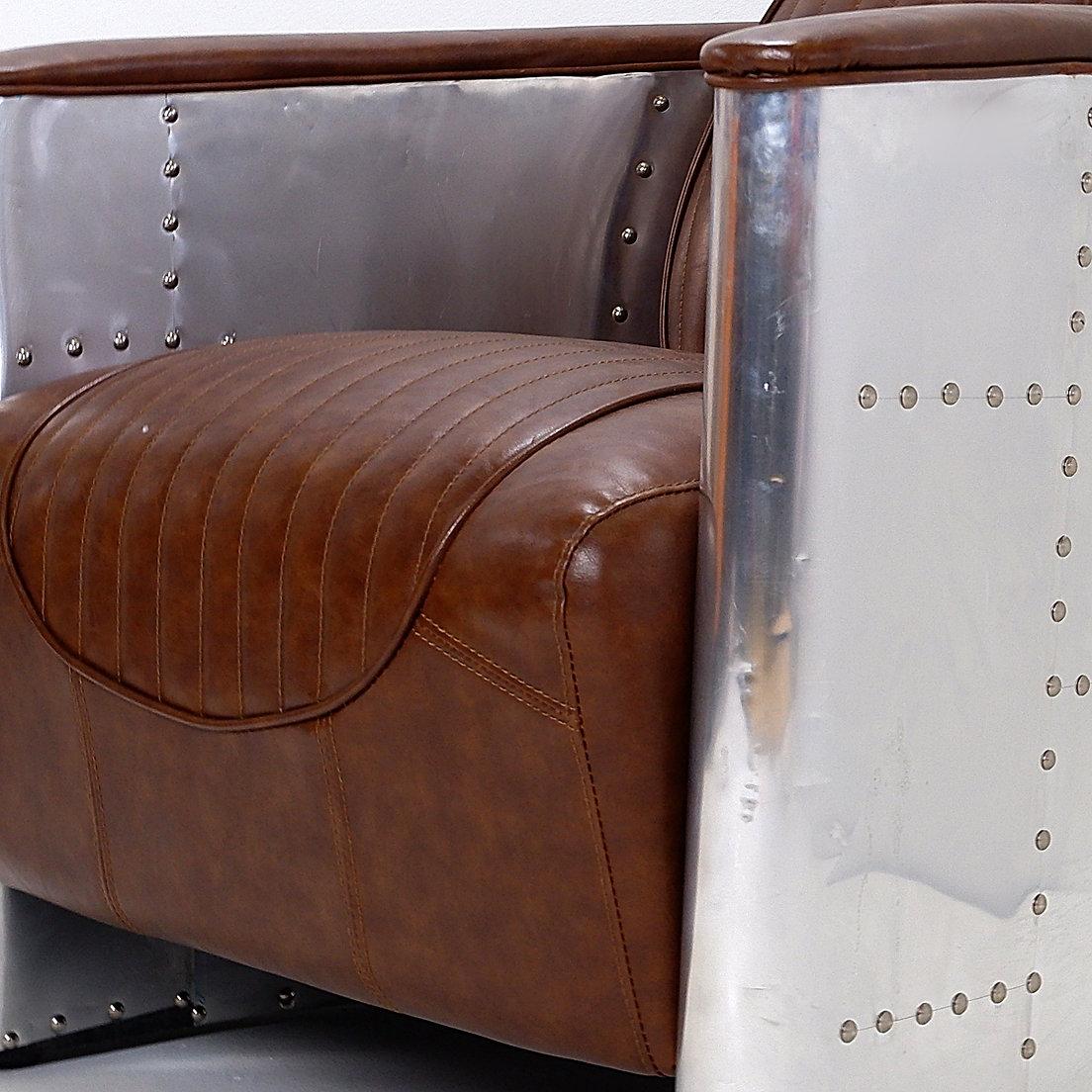 Vintage Aviator armchair riveted aluminum and cognac leather For Sale 1