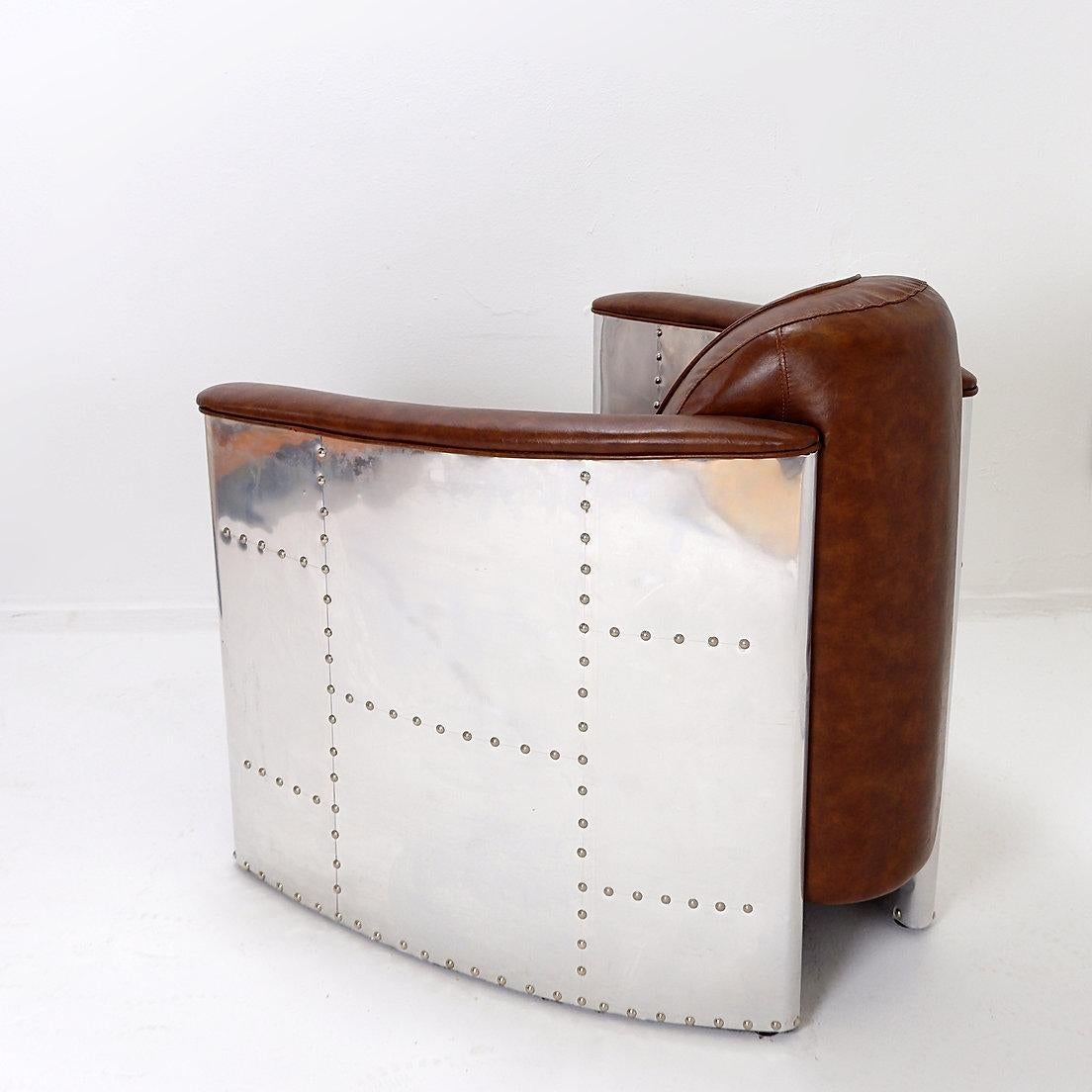 Vintage Aviator armchair riveted aluminum and cognac leather For Sale 2