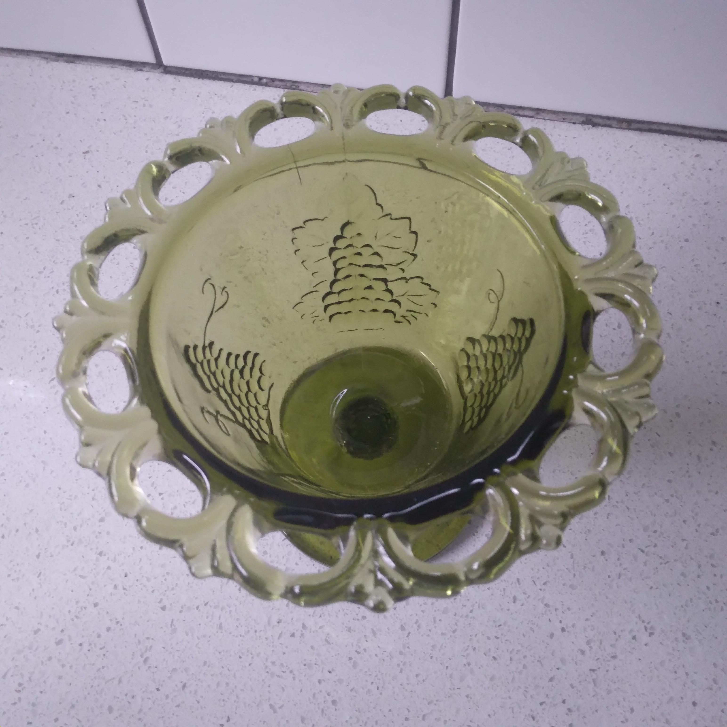 American Vintage Avocado Green Glass Pedestal Dish featuring Harvest Grape Pattern For Sale