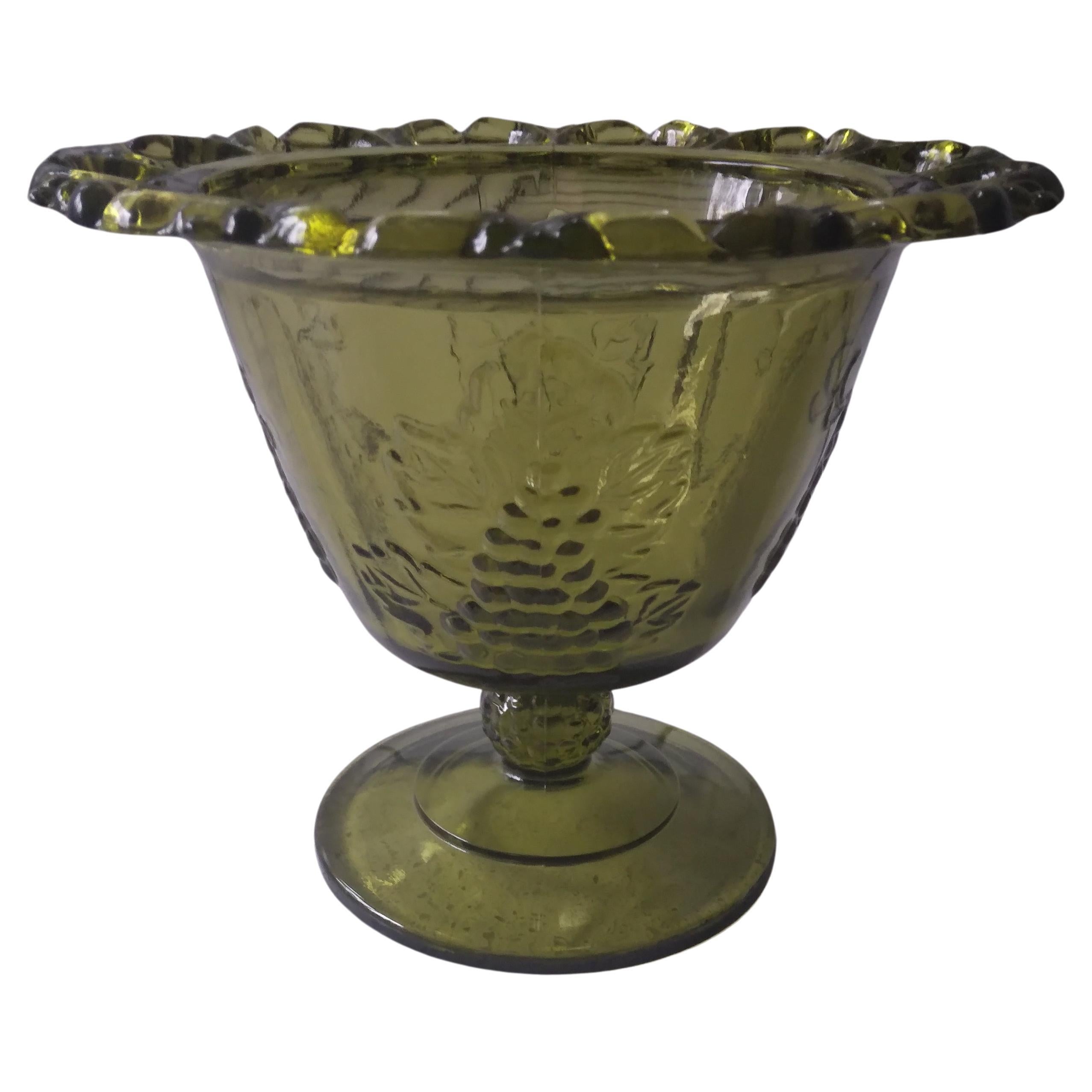 Vintage Avocado Green Glass Pedestal Dish featuring Harvest Grape Pattern For Sale
