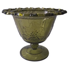 Used Avocado Green Glass Pedestal Dish featuring Harvest Grape Pattern